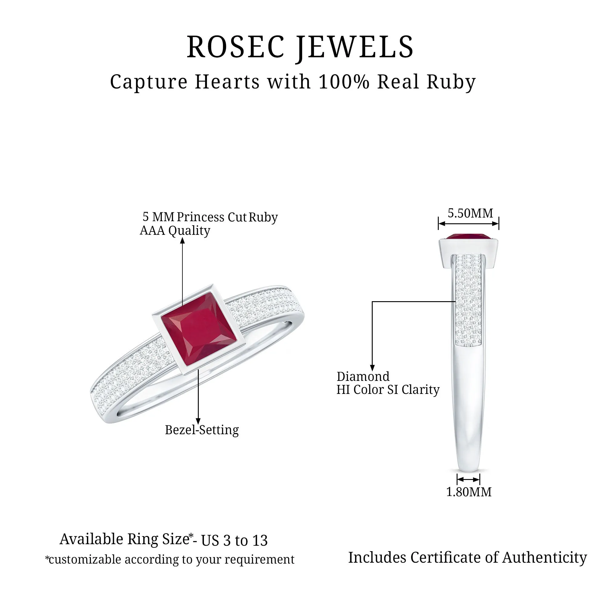 1 CT Princess Cut Ruby Engagement Ring with Diamond