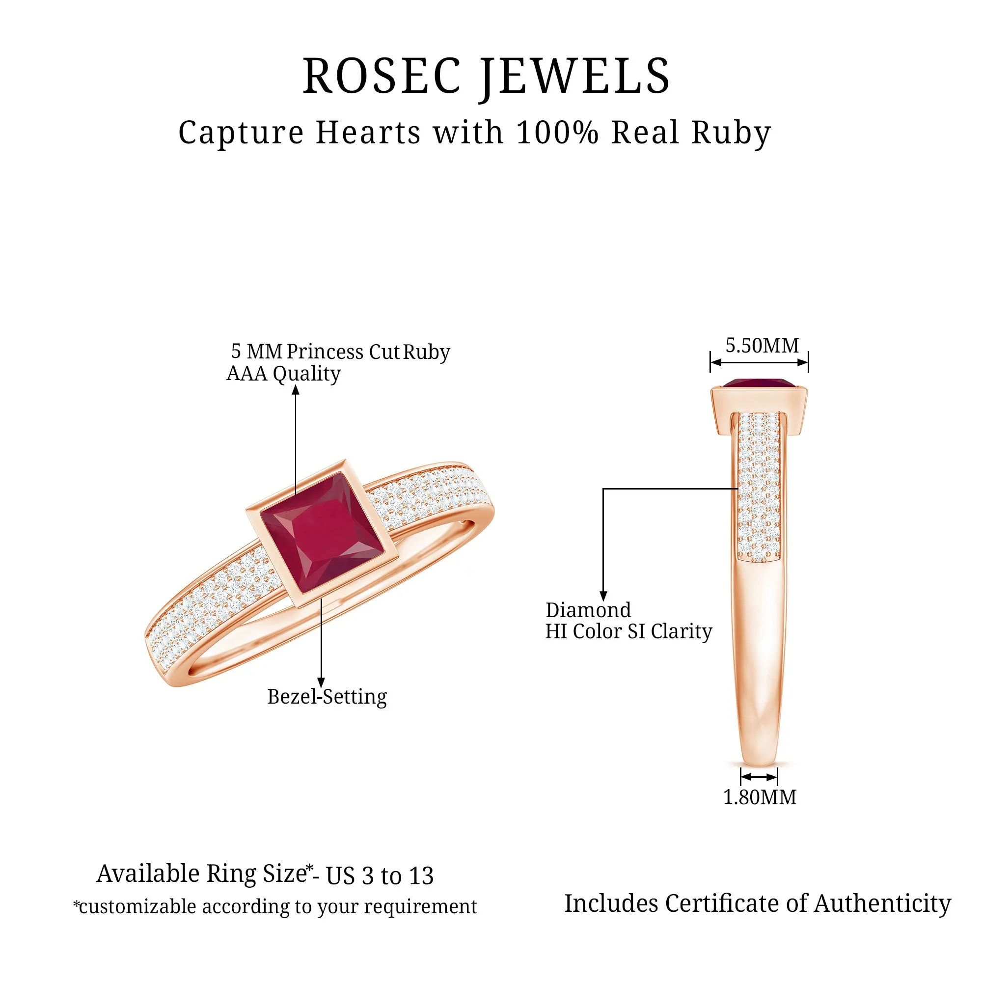1 CT Princess Cut Ruby Engagement Ring with Diamond