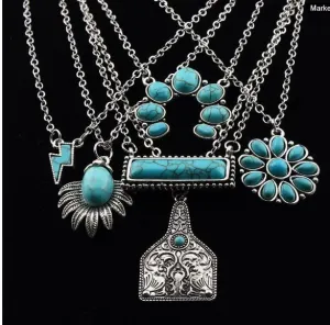 1 Pc  Vintage Western Cowboy Style Turquoise Charm Pendant Chain Necklace, Suitable For Women's Daily Wear
