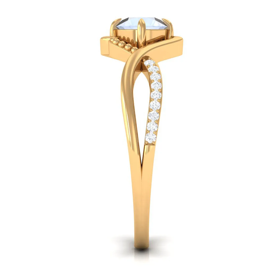 1/2 CT Claw Set Moonstone Solitaire Crossover Ring with Diamond
