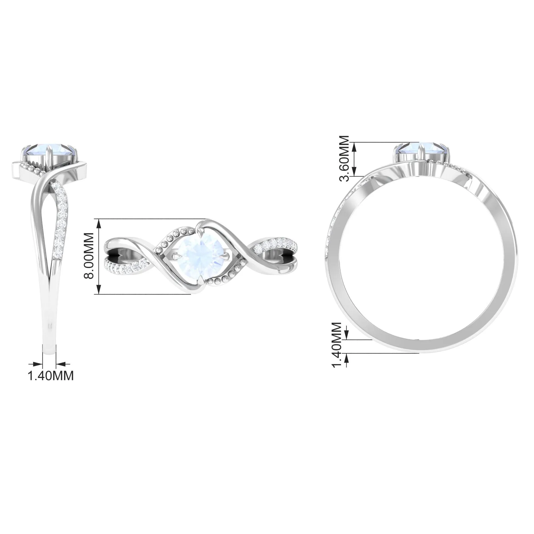 1/2 CT Claw Set Moonstone Solitaire Crossover Ring with Diamond