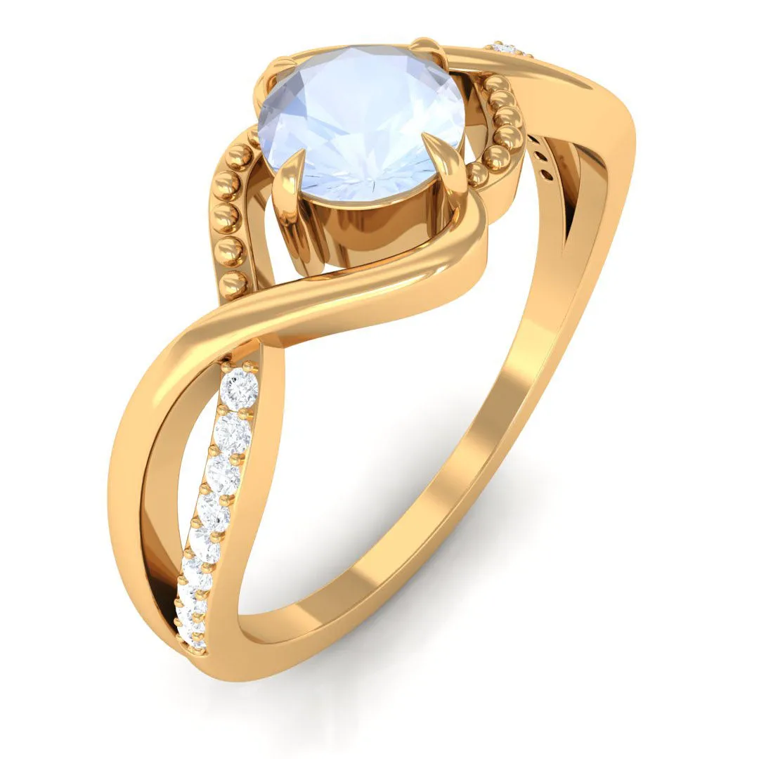 1/2 CT Claw Set Moonstone Solitaire Crossover Ring with Diamond