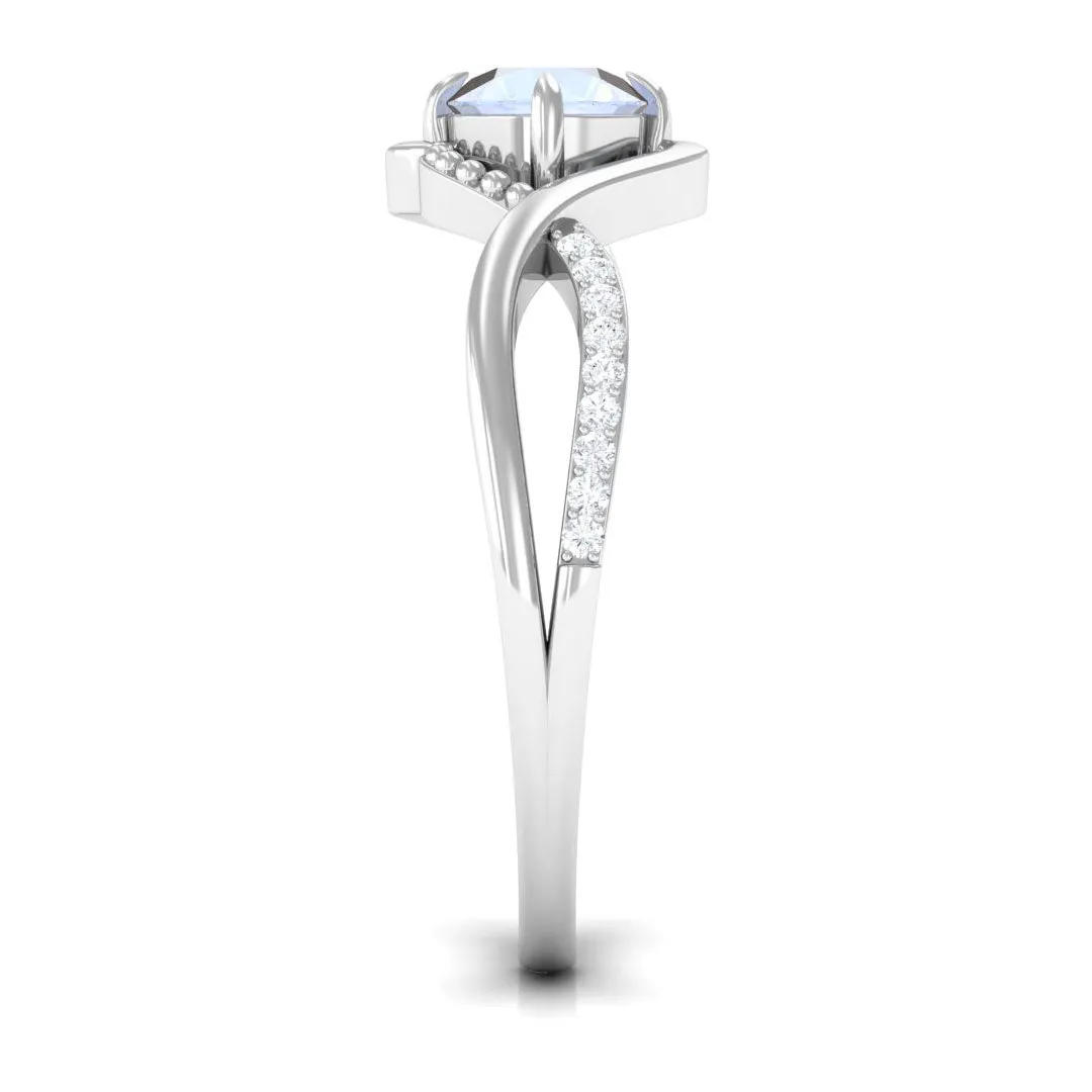 1/2 CT Claw Set Moonstone Solitaire Crossover Ring with Diamond