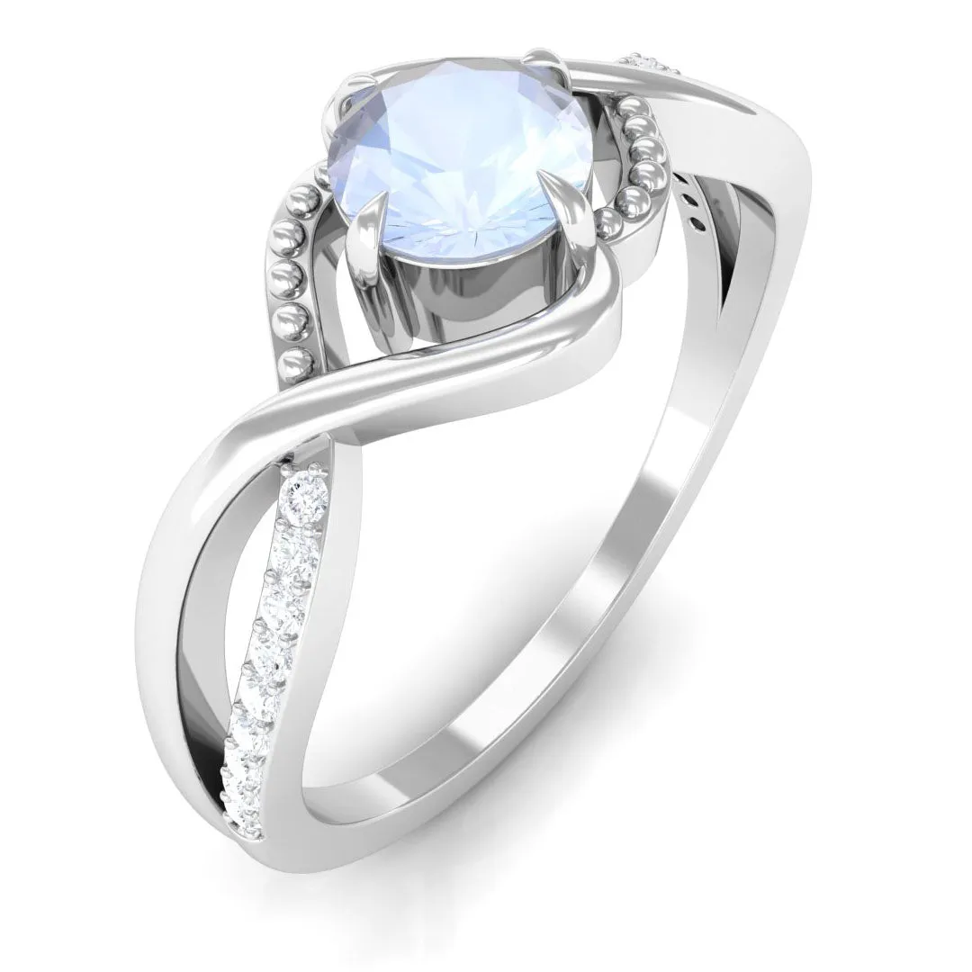 1/2 CT Claw Set Moonstone Solitaire Crossover Ring with Diamond