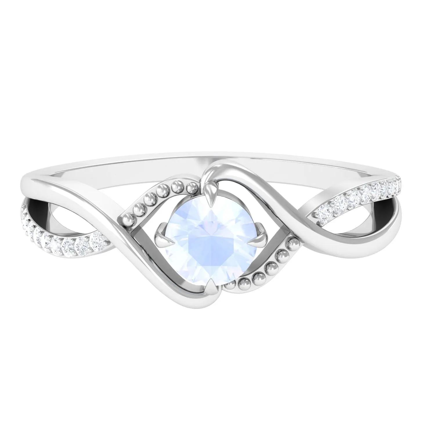 1/2 CT Claw Set Moonstone Solitaire Crossover Ring with Diamond