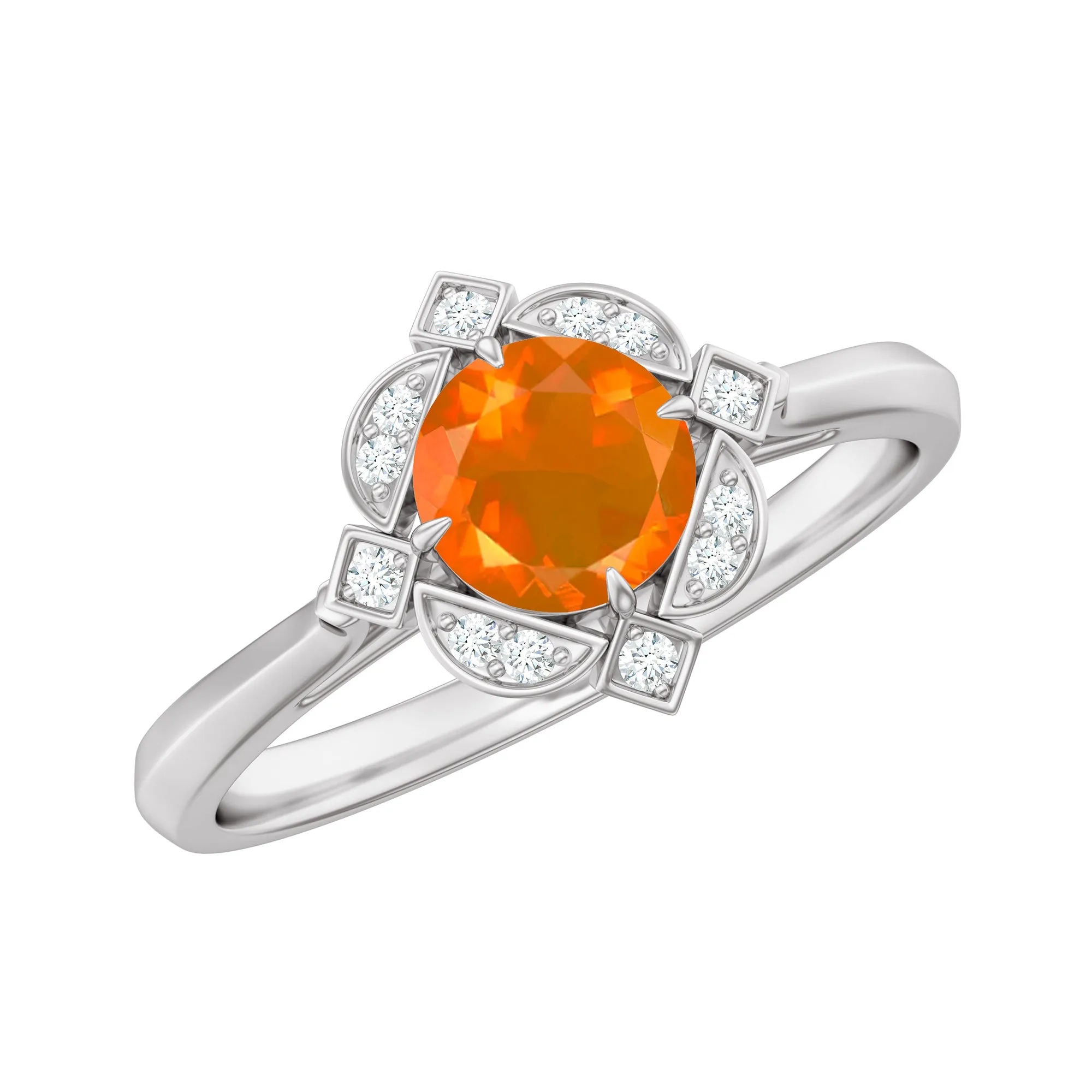 1/2 CT Vintage Fire Opal and Diamond Engagement Ring