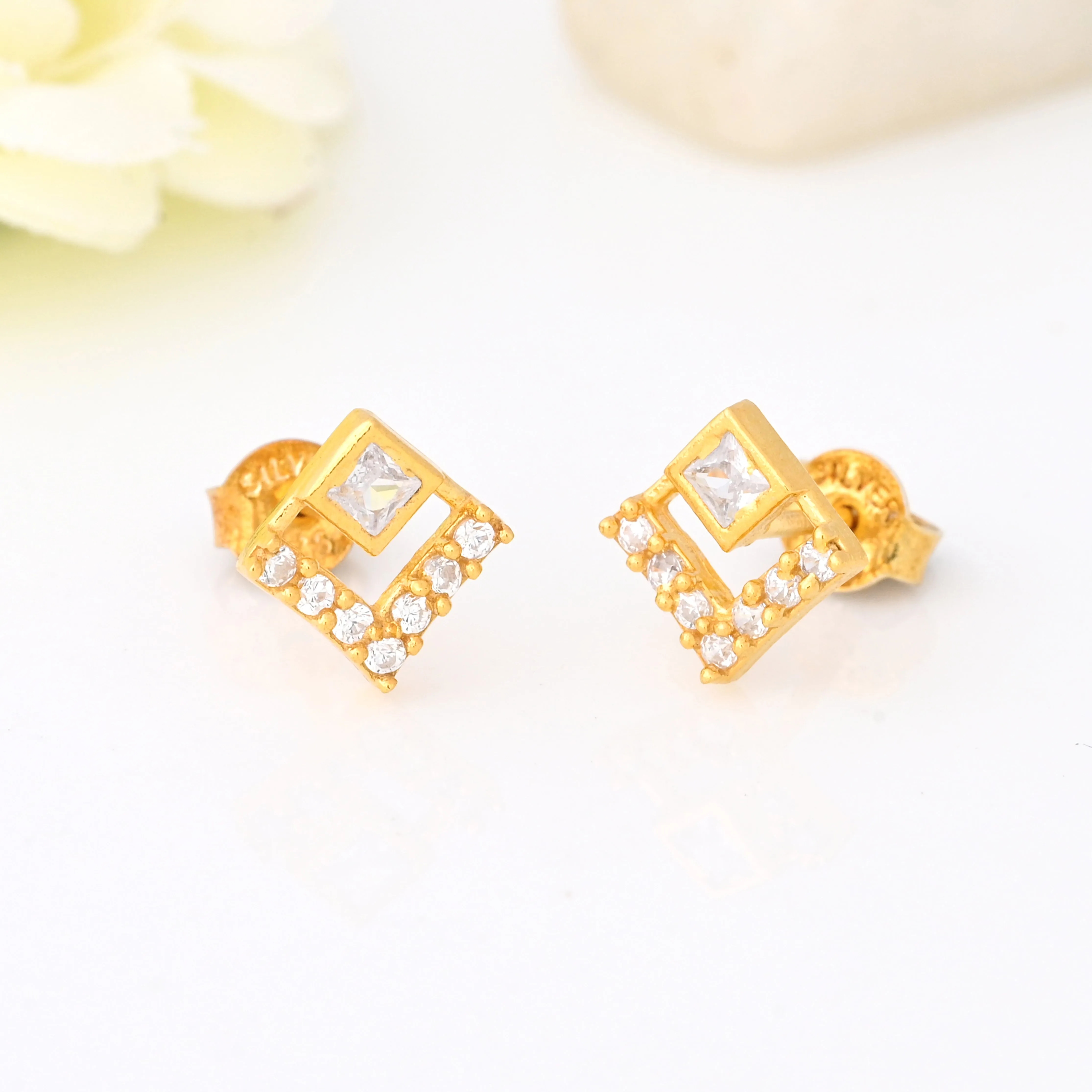 14K Gold Plated Diamond Square Earrings