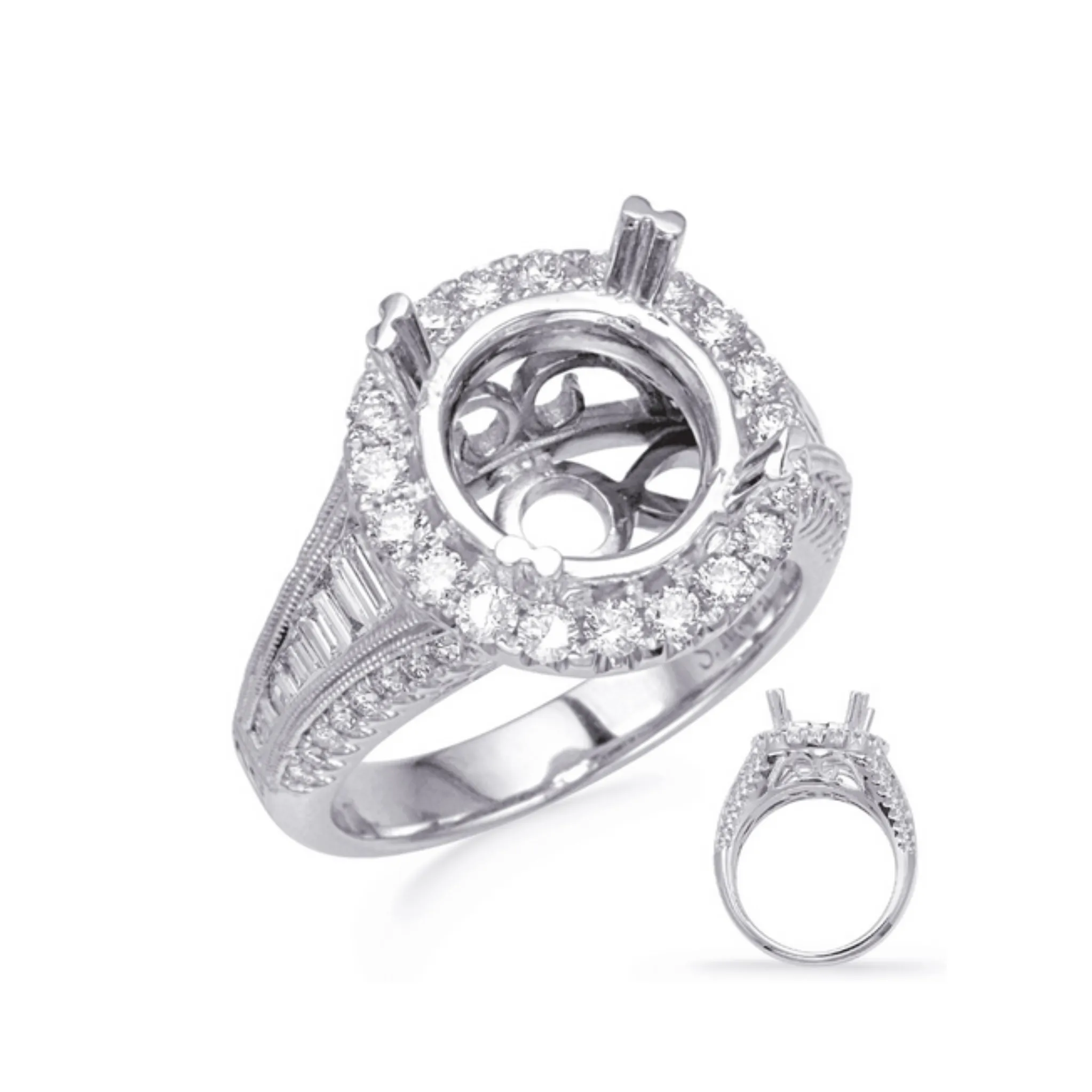 14K Gold  Round Diamond Halo Engagement Ring with Baguette Diamonds