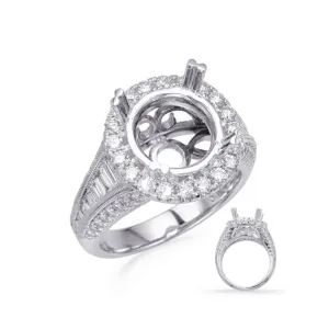 14K Gold  Round Diamond Halo Engagement Ring with Baguette Diamonds