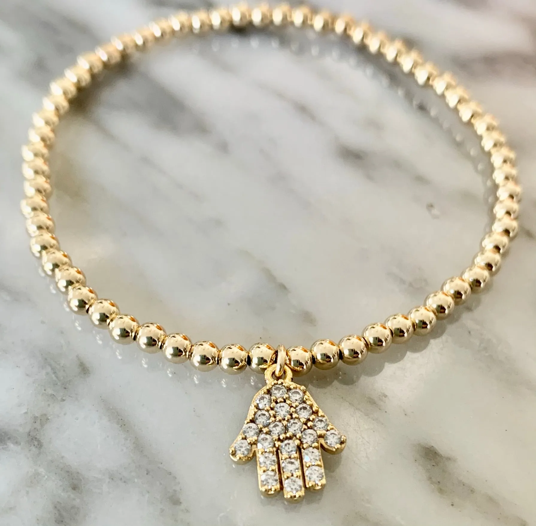 14k Yellow Gold Filled Beaded Bracelet w/ CZ Hamsa Charm