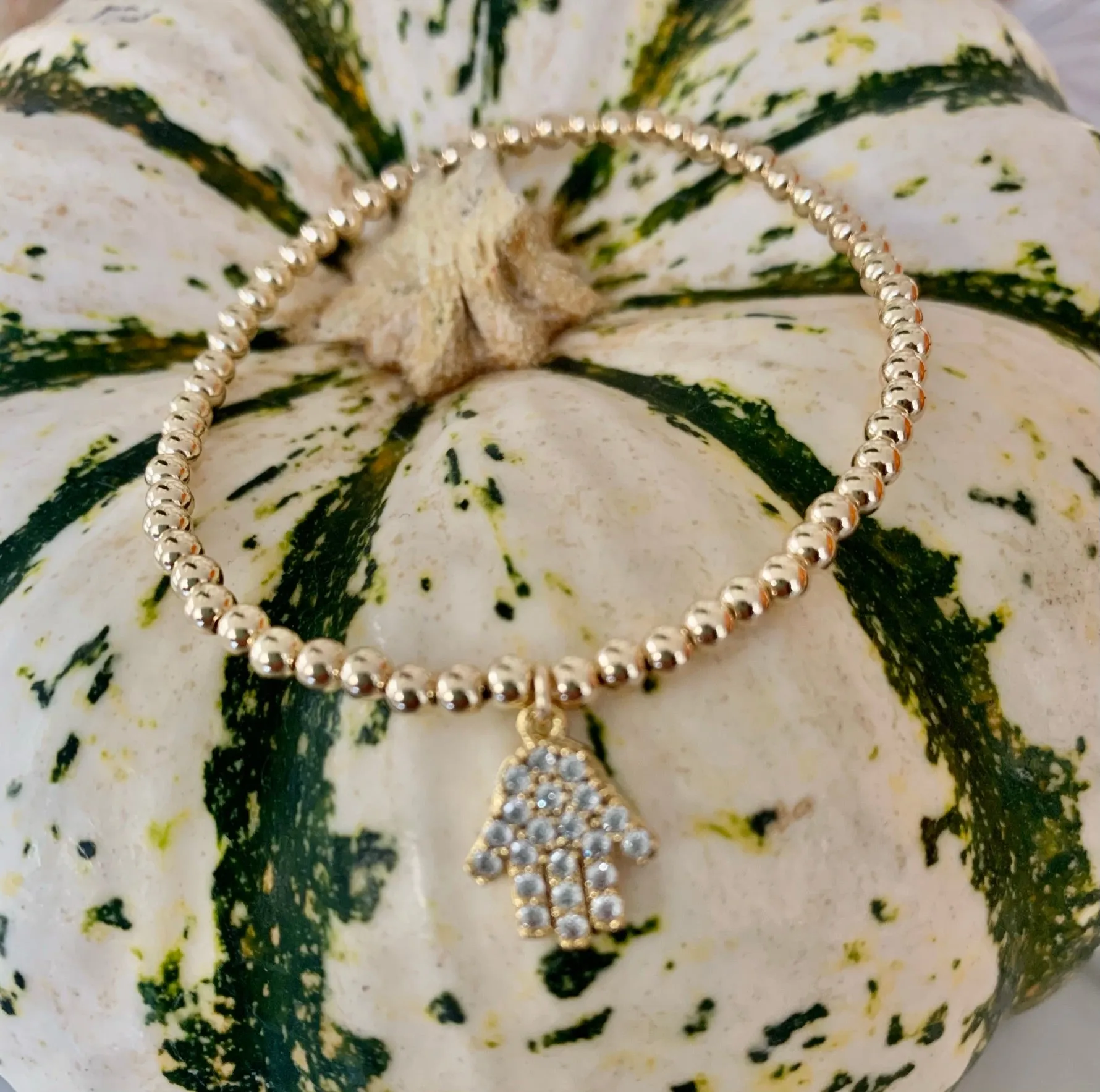 14k Yellow Gold Filled Beaded Bracelet w/ CZ Hamsa Charm
