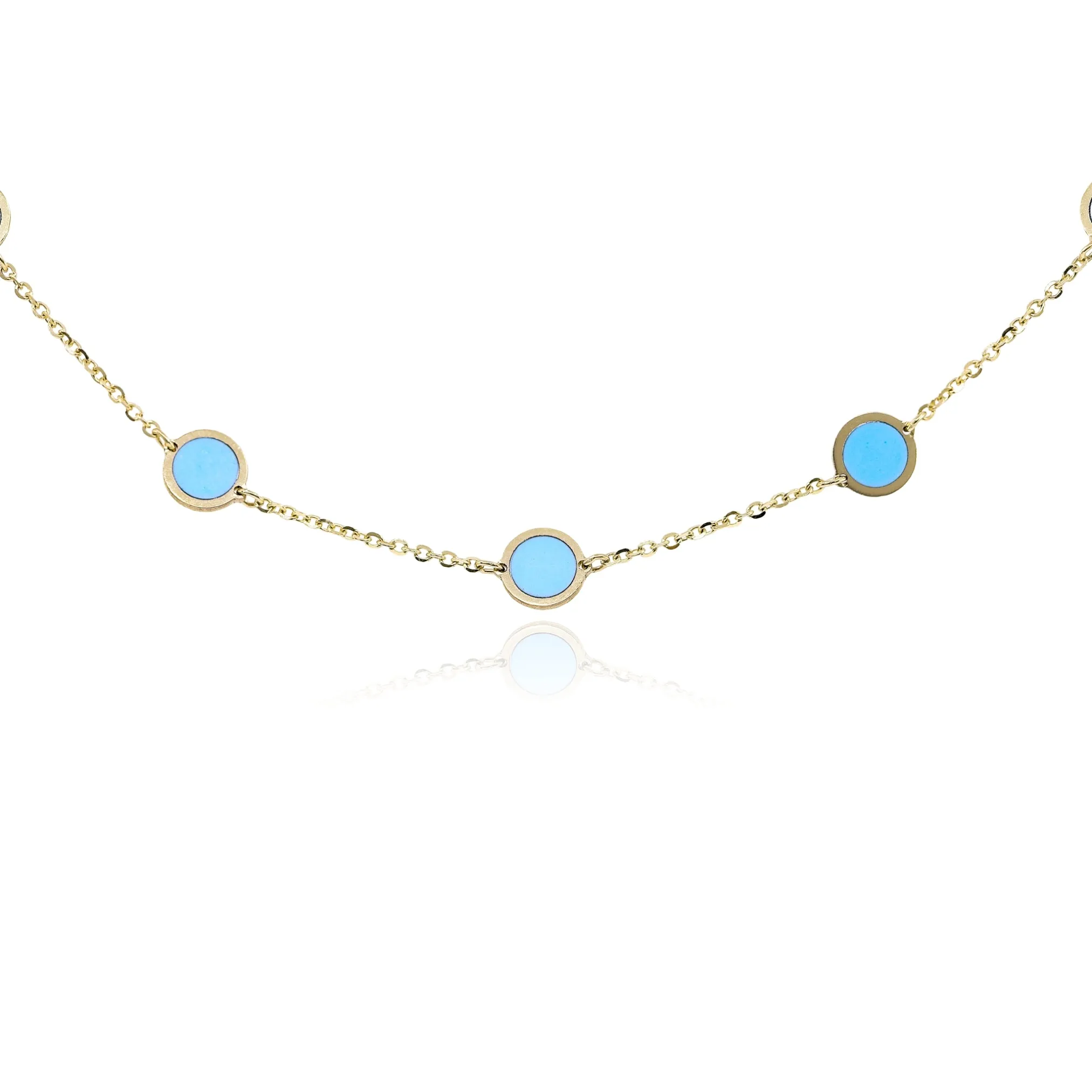 14K YELLOW GOLD TURQUOISE DISC NECKLACE