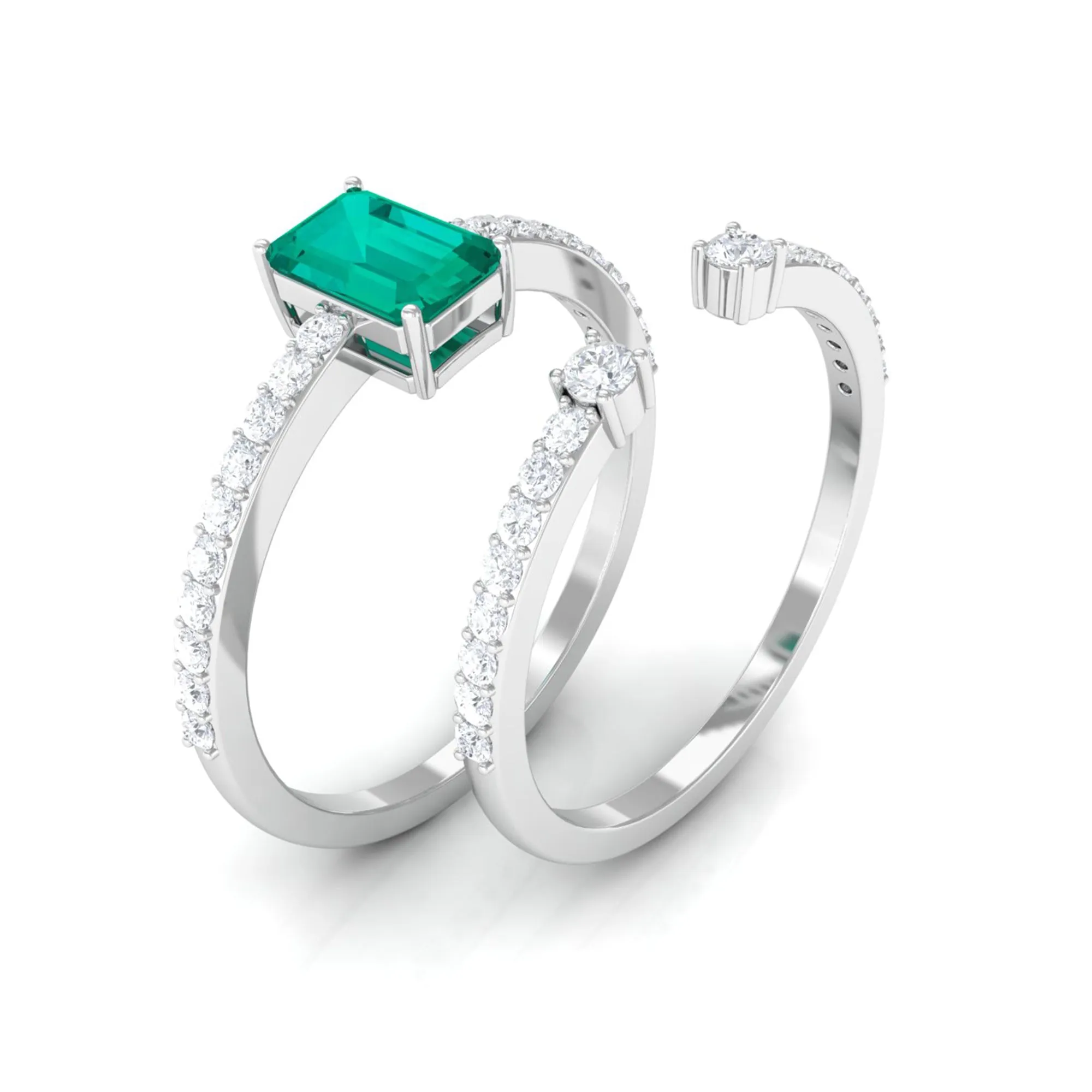 1.50 CT Octagon shape Emerald Solitaire Ring Set with Diamond
