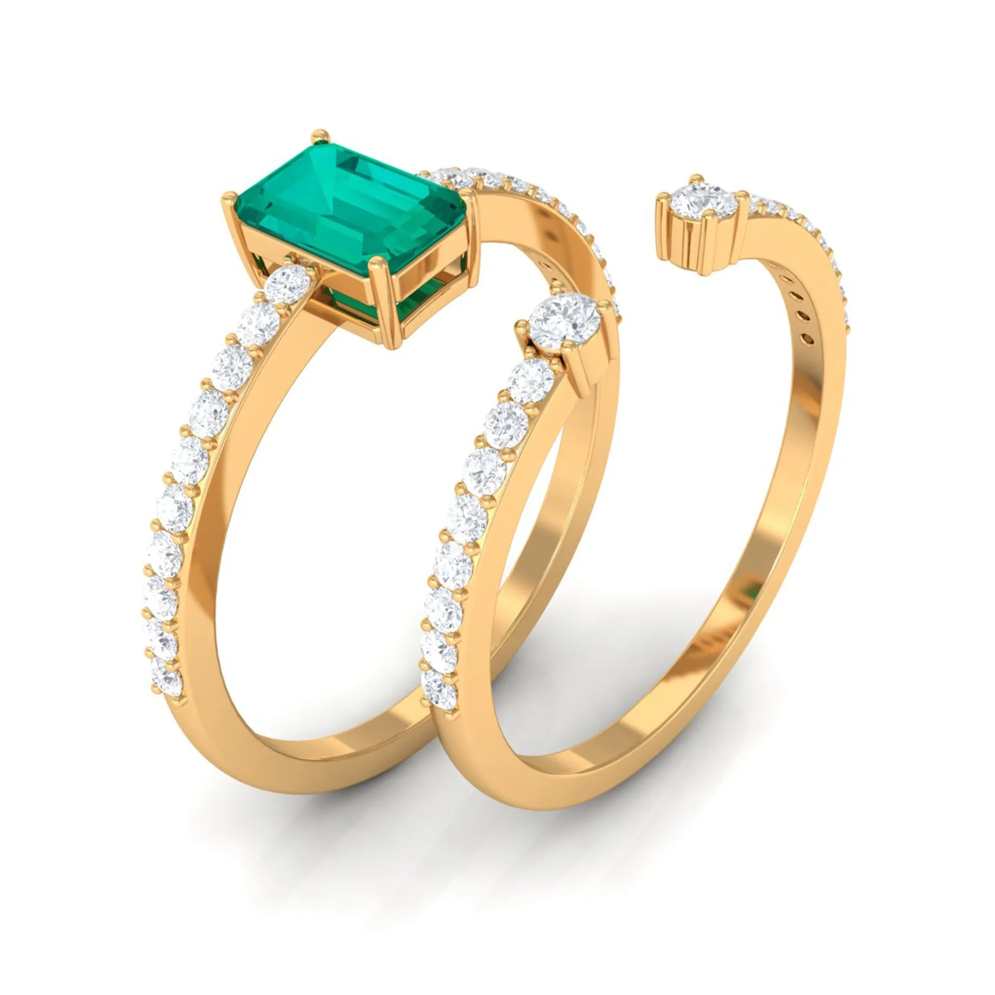 1.50 CT Octagon shape Emerald Solitaire Ring Set with Diamond