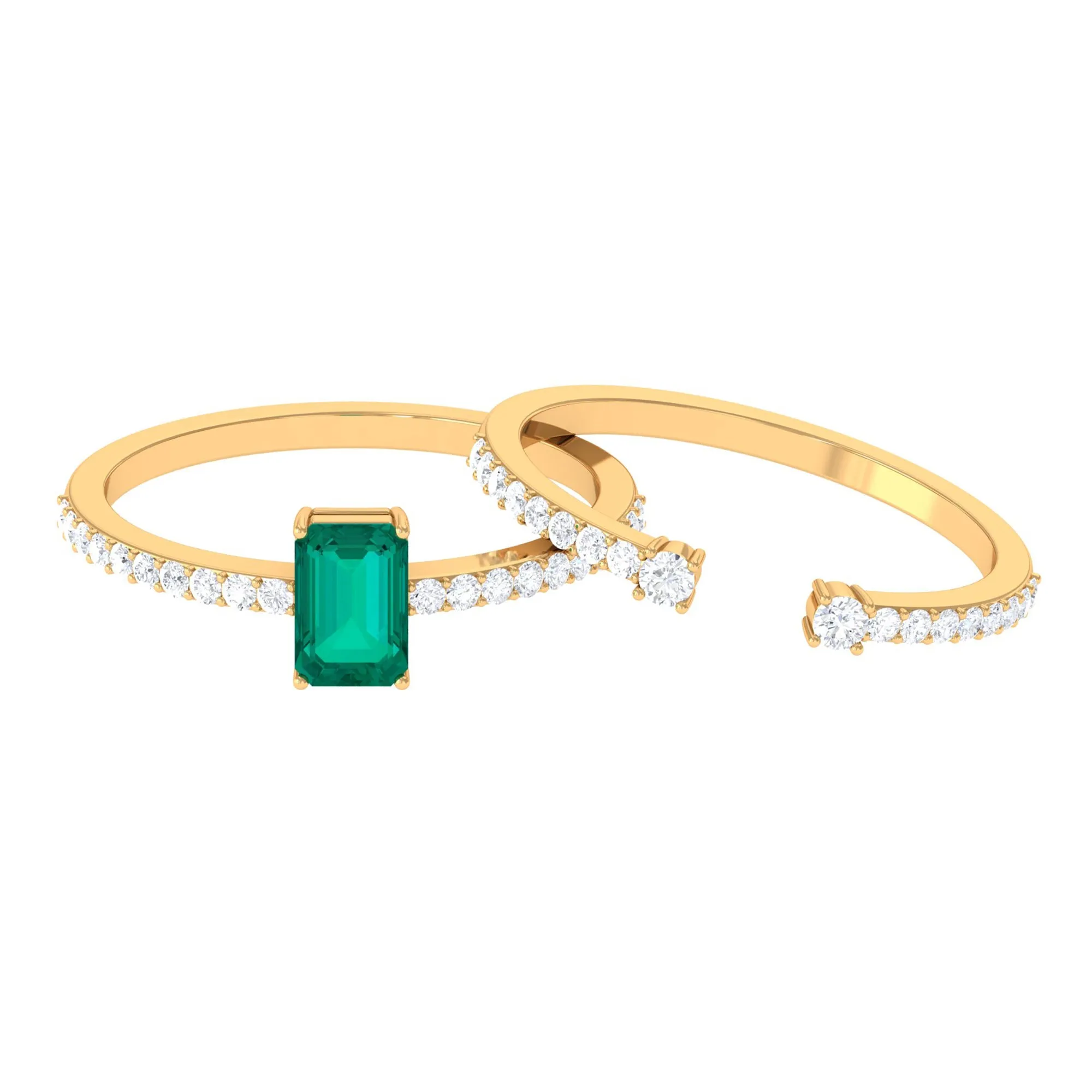 1.50 CT Octagon shape Emerald Solitaire Ring Set with Diamond
