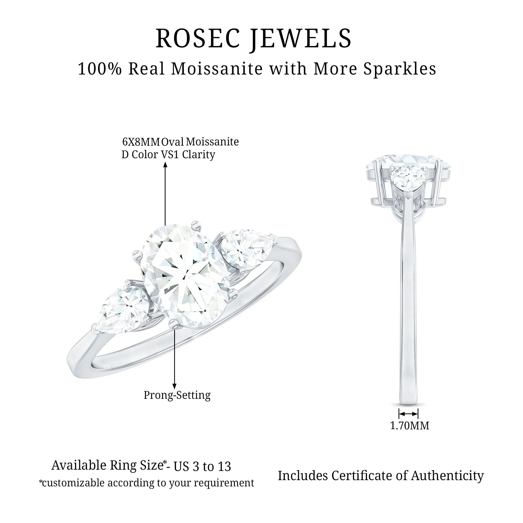 1.75 CT Oval and Pear Cut Moissanite Three Stone Engagement Ring