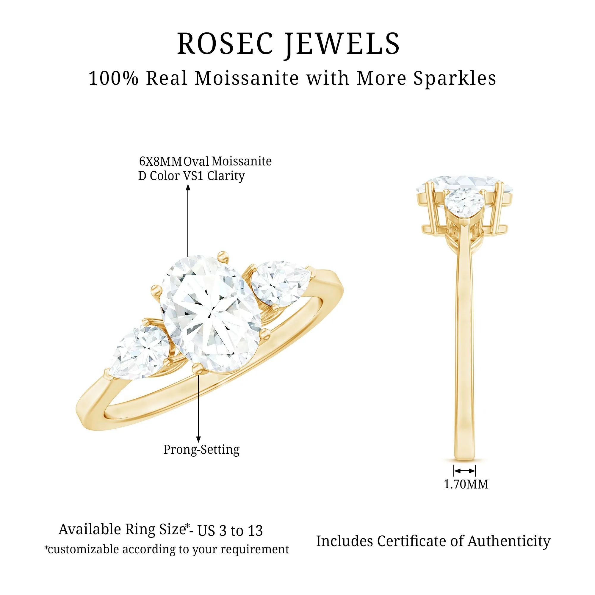 1.75 CT Oval and Pear Cut Moissanite Three Stone Engagement Ring