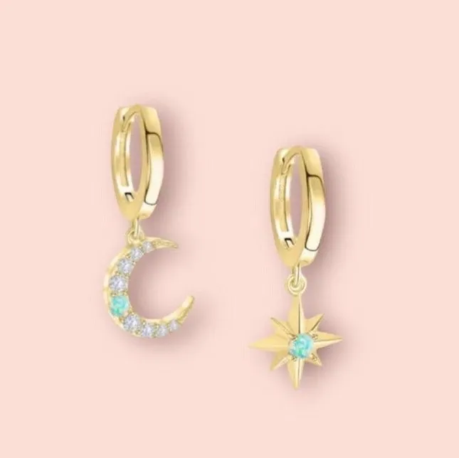18K Gold Plated Huggies hoop Moon & Star cubic zirconia turquoise opal stone charm Earrings dangly