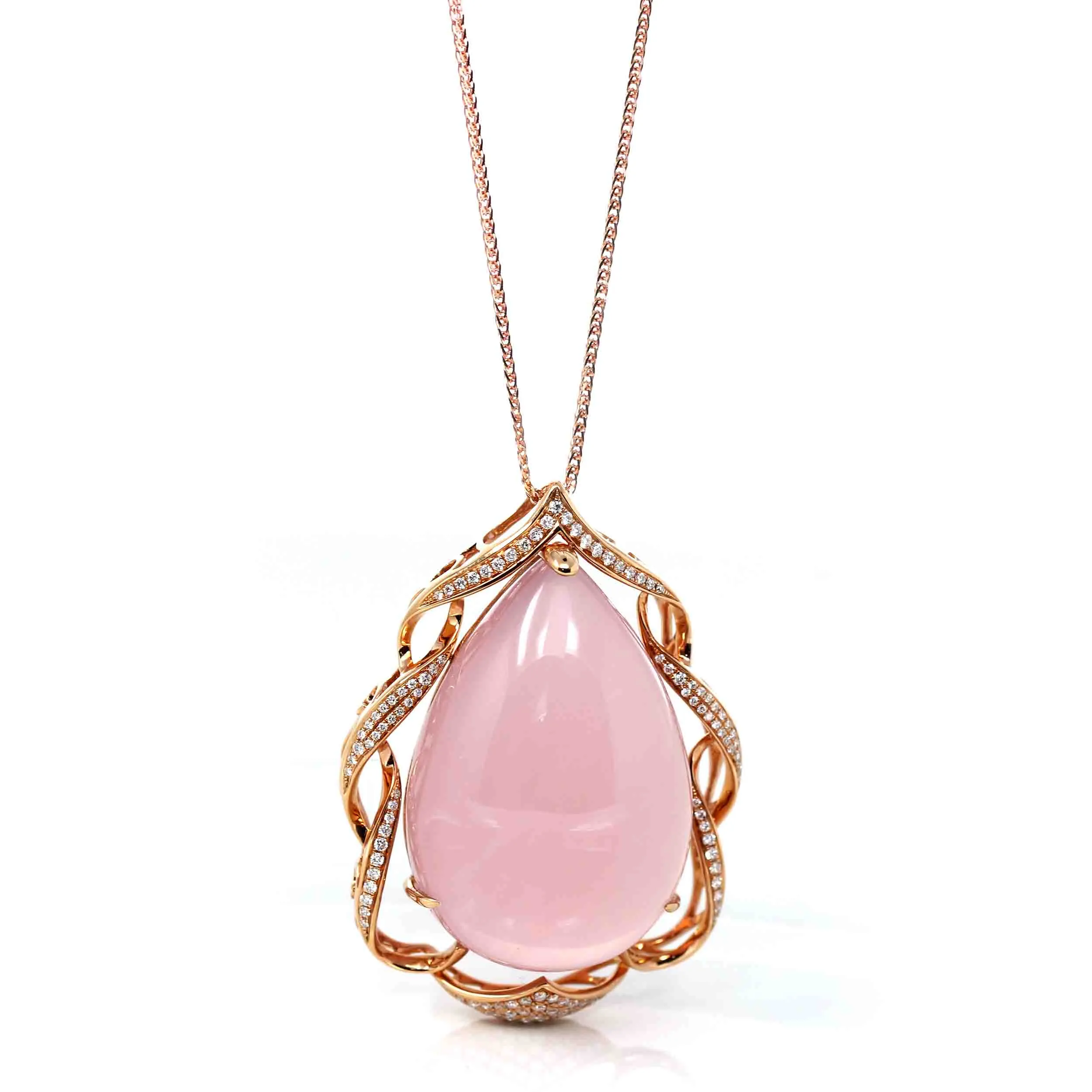 18k Rose Gold Royal Rose Quartz Pendant Necklace with Diamonds