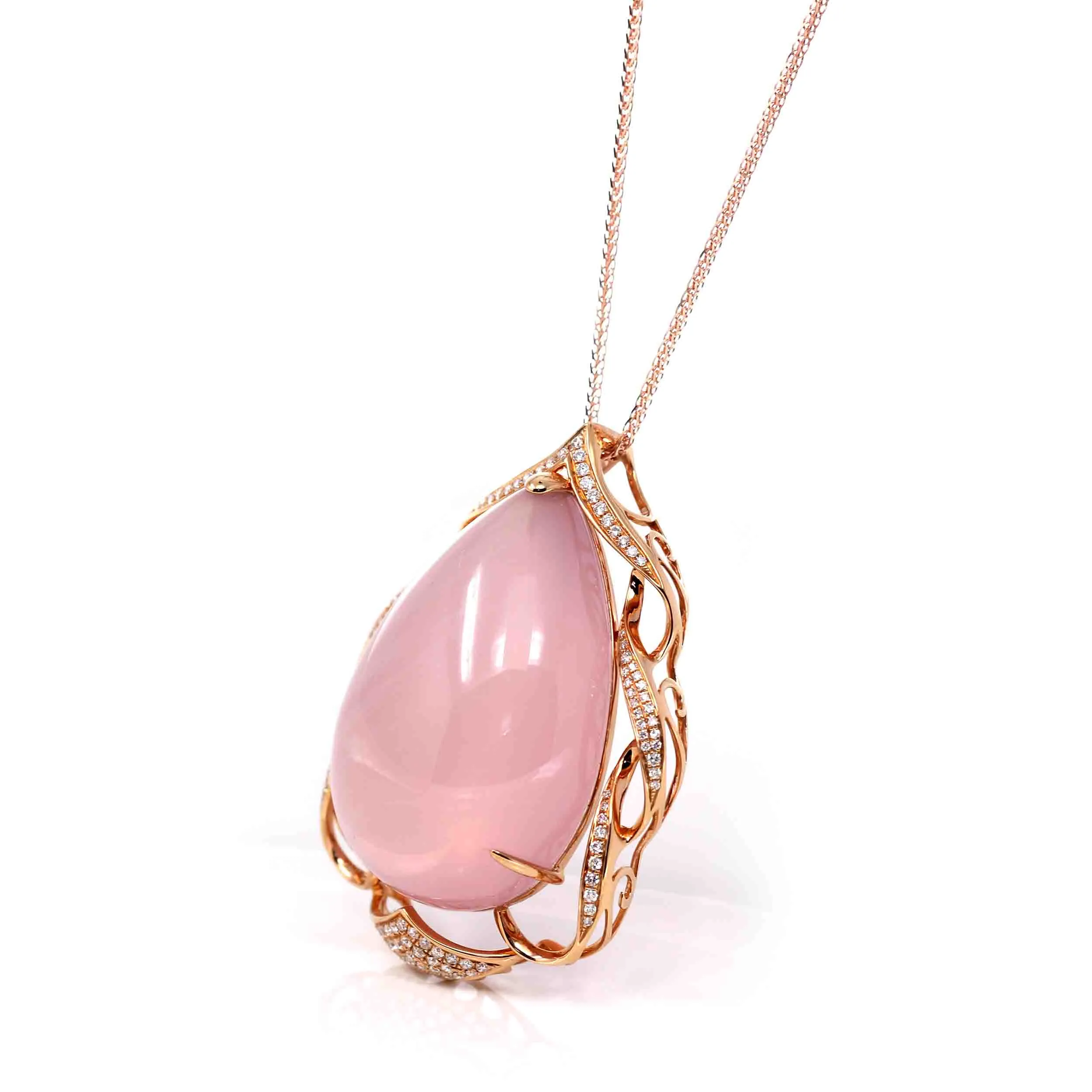 18k Rose Gold Royal Rose Quartz Pendant Necklace with Diamonds