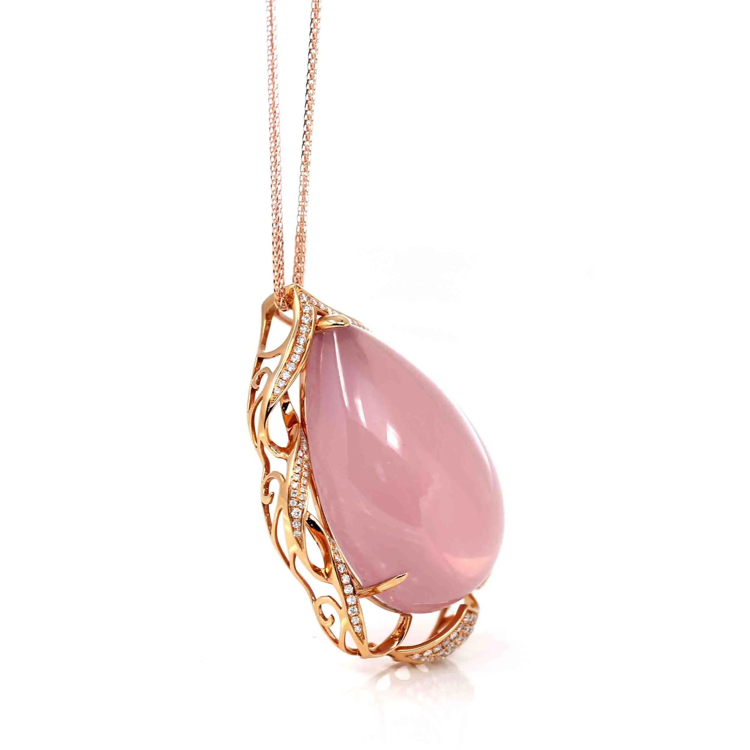 18k Rose Gold Royal Rose Quartz Pendant Necklace with Diamonds