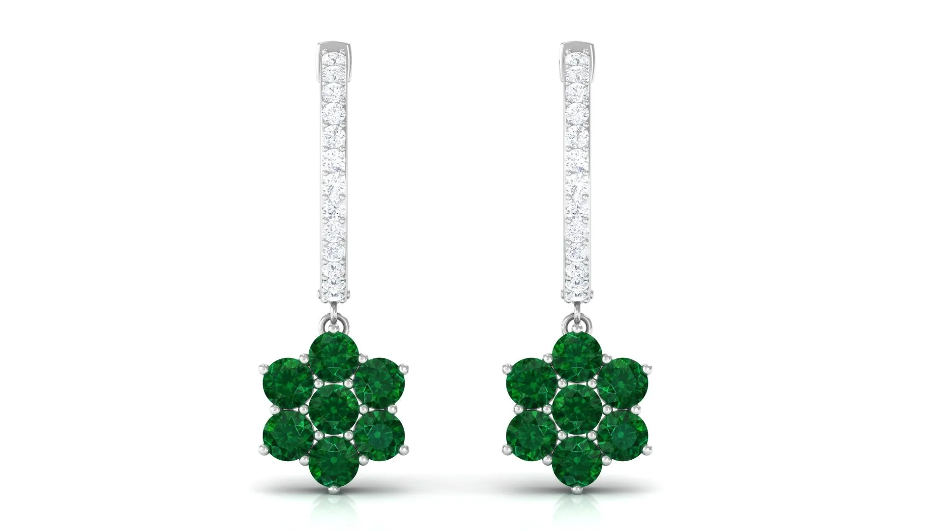 2 CT Created Emerald and Diamond Flower Drop Dangle Hoop Earrings