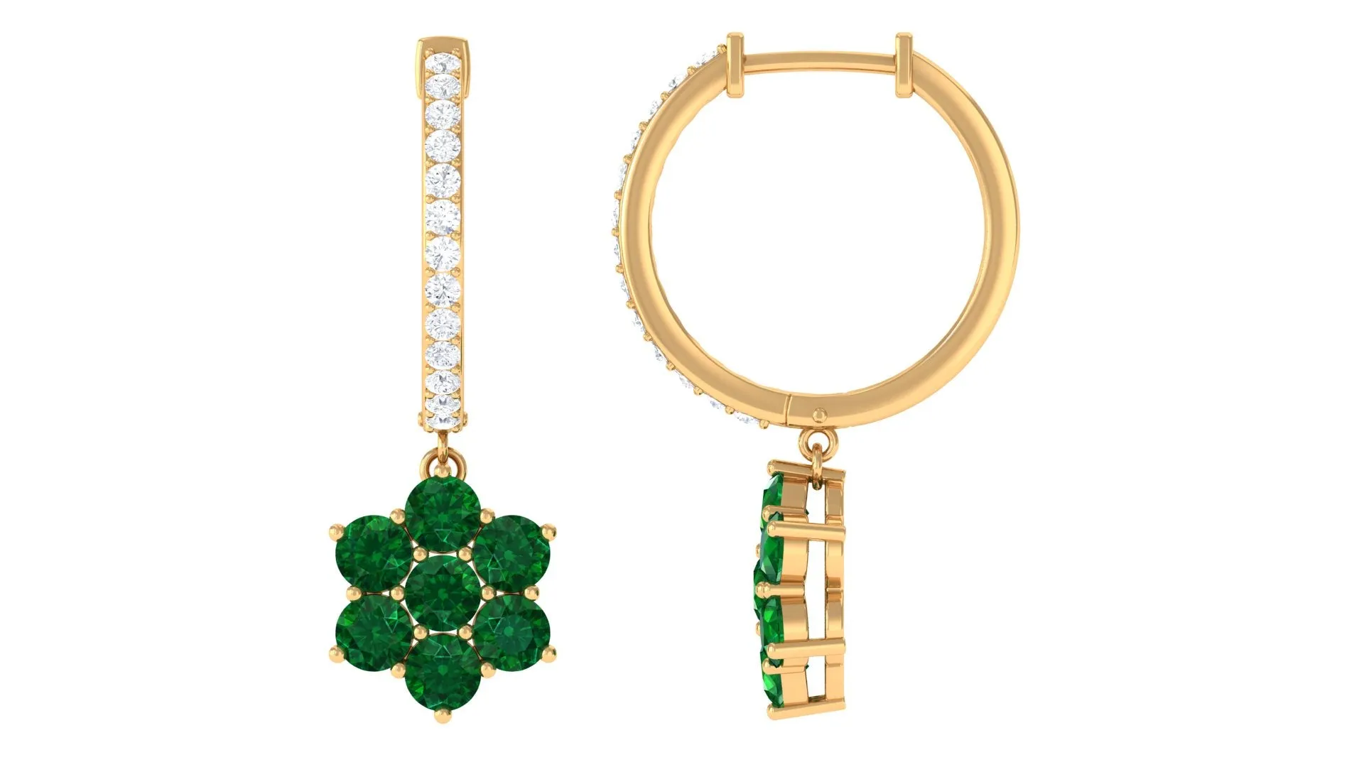 2 CT Created Emerald and Diamond Flower Drop Dangle Hoop Earrings