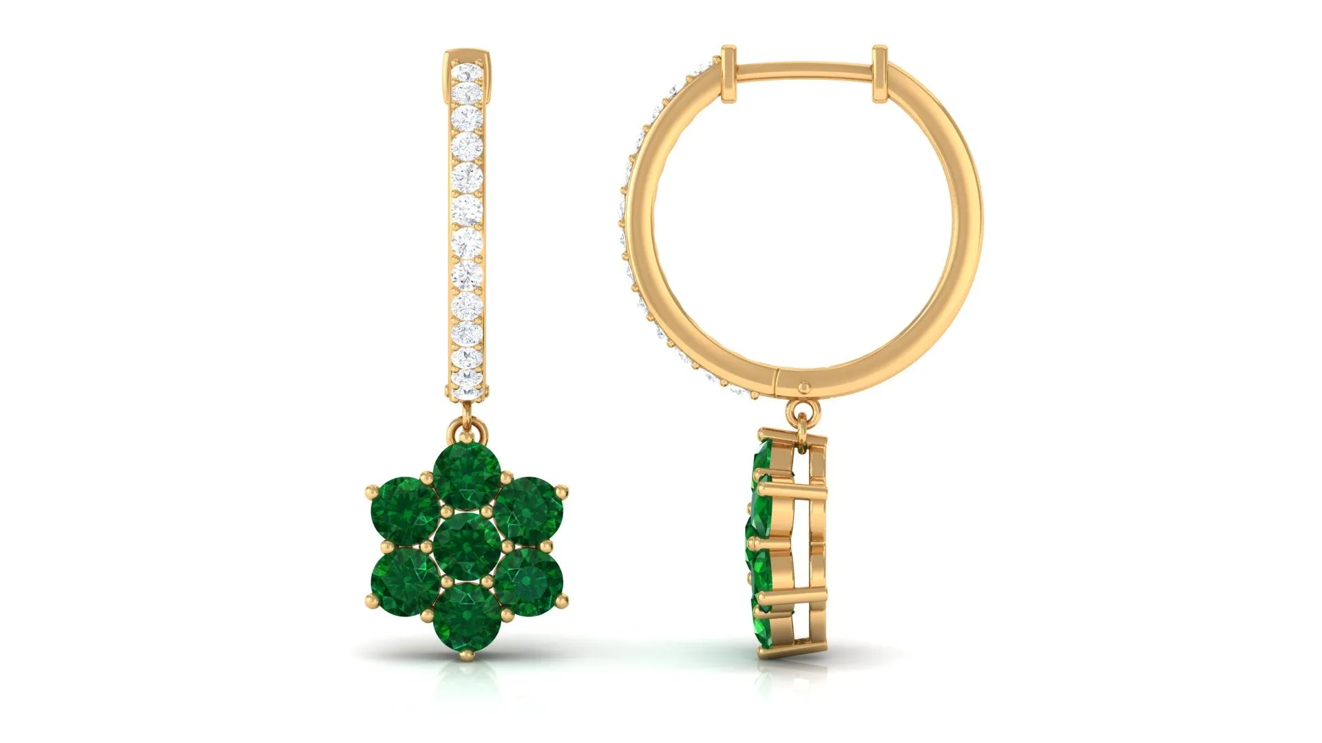 2 CT Created Emerald and Diamond Flower Drop Dangle Hoop Earrings