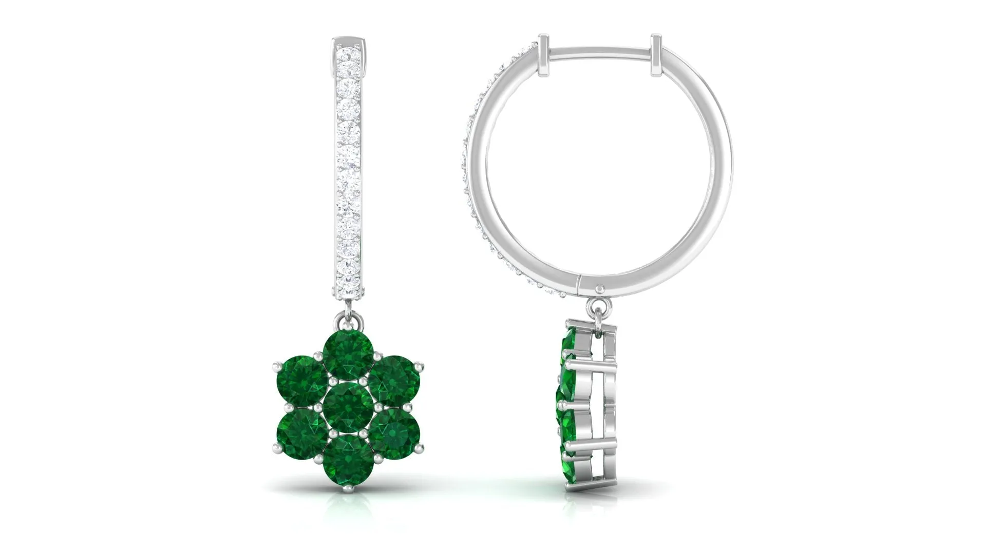 2 CT Created Emerald and Diamond Flower Drop Dangle Hoop Earrings