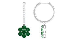 2 CT Created Emerald and Diamond Flower Drop Dangle Hoop Earrings