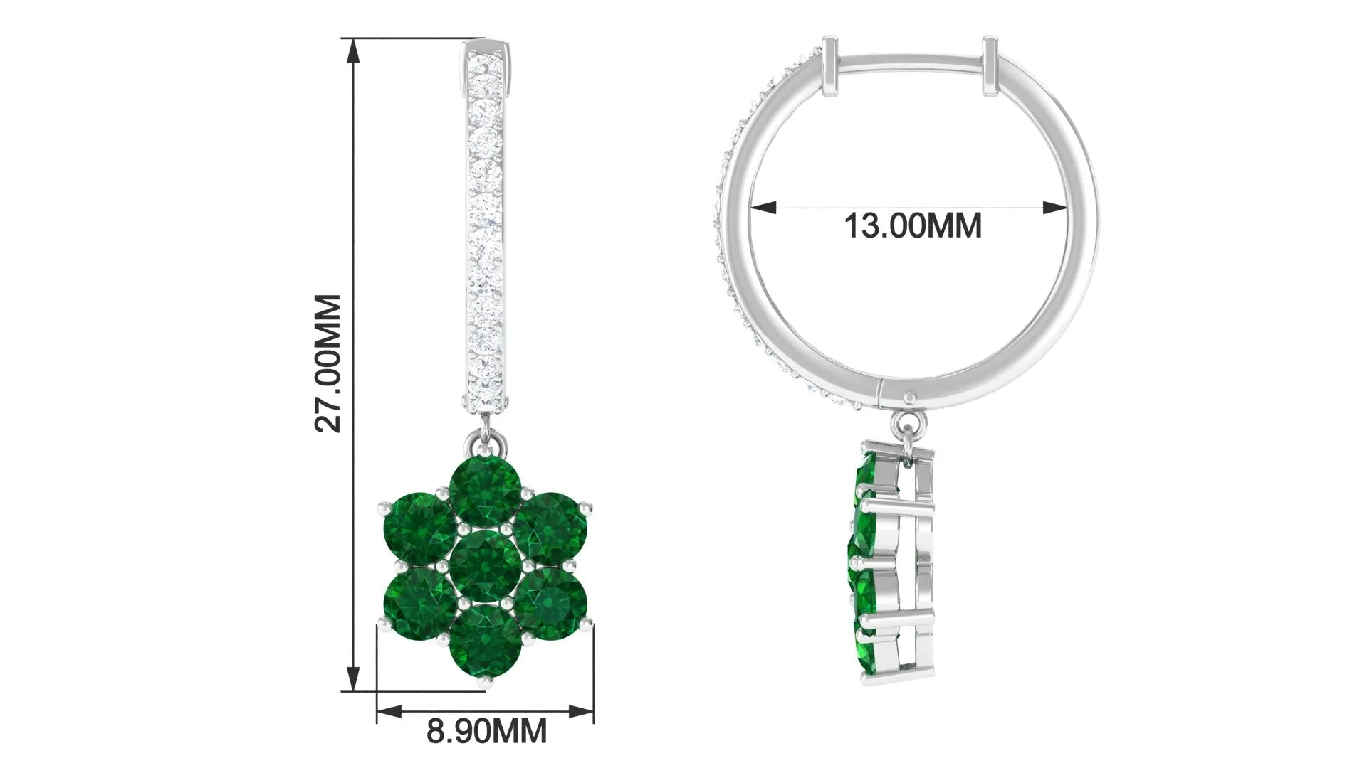 2 CT Created Emerald and Diamond Flower Drop Dangle Hoop Earrings
