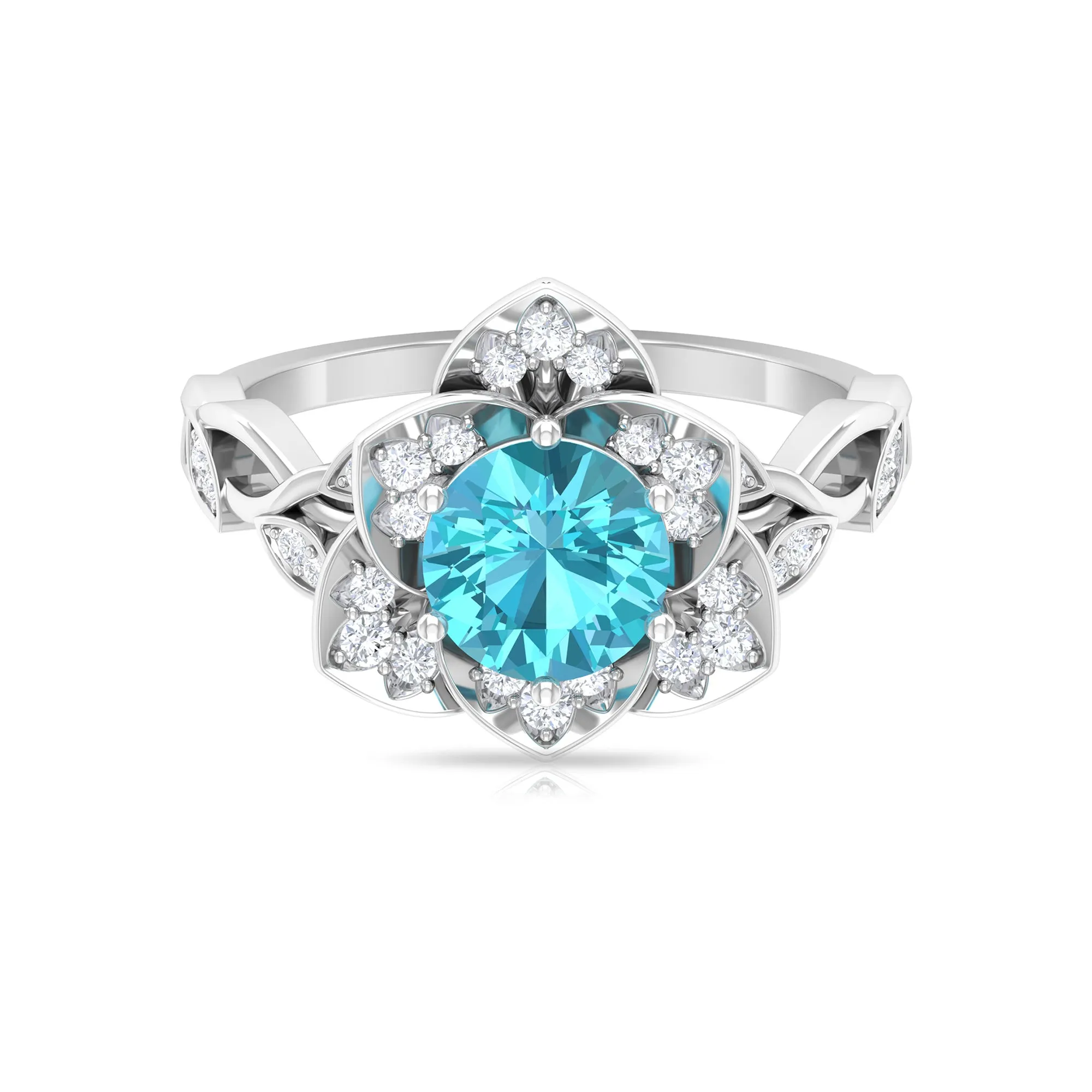 2 CT Swiss Blue Topaz Floral Engagement Ring with Diamond Accent