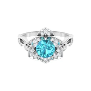 2 CT Swiss Blue Topaz Floral Engagement Ring with Diamond Accent