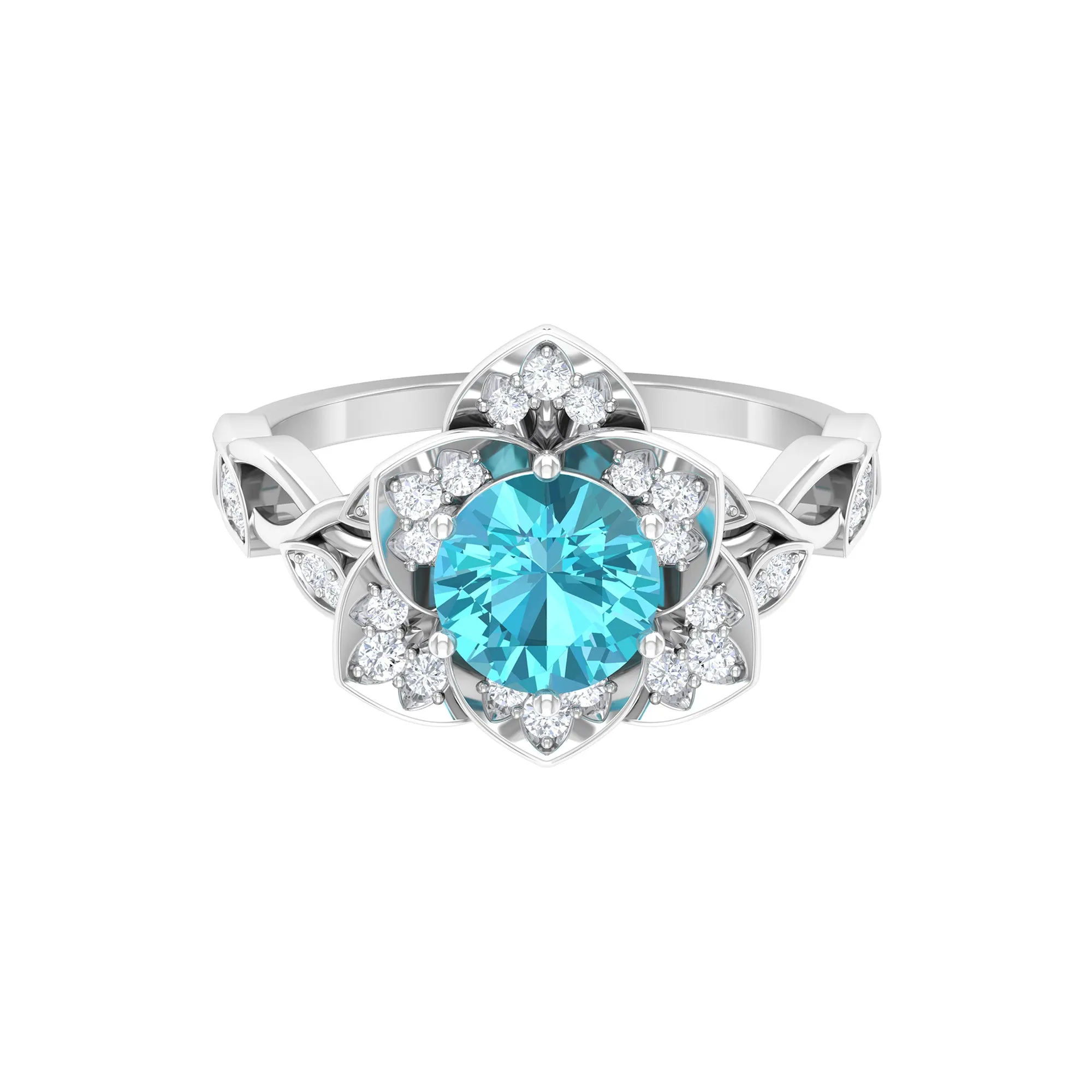 2 CT Swiss Blue Topaz Floral Engagement Ring with Diamond Accent