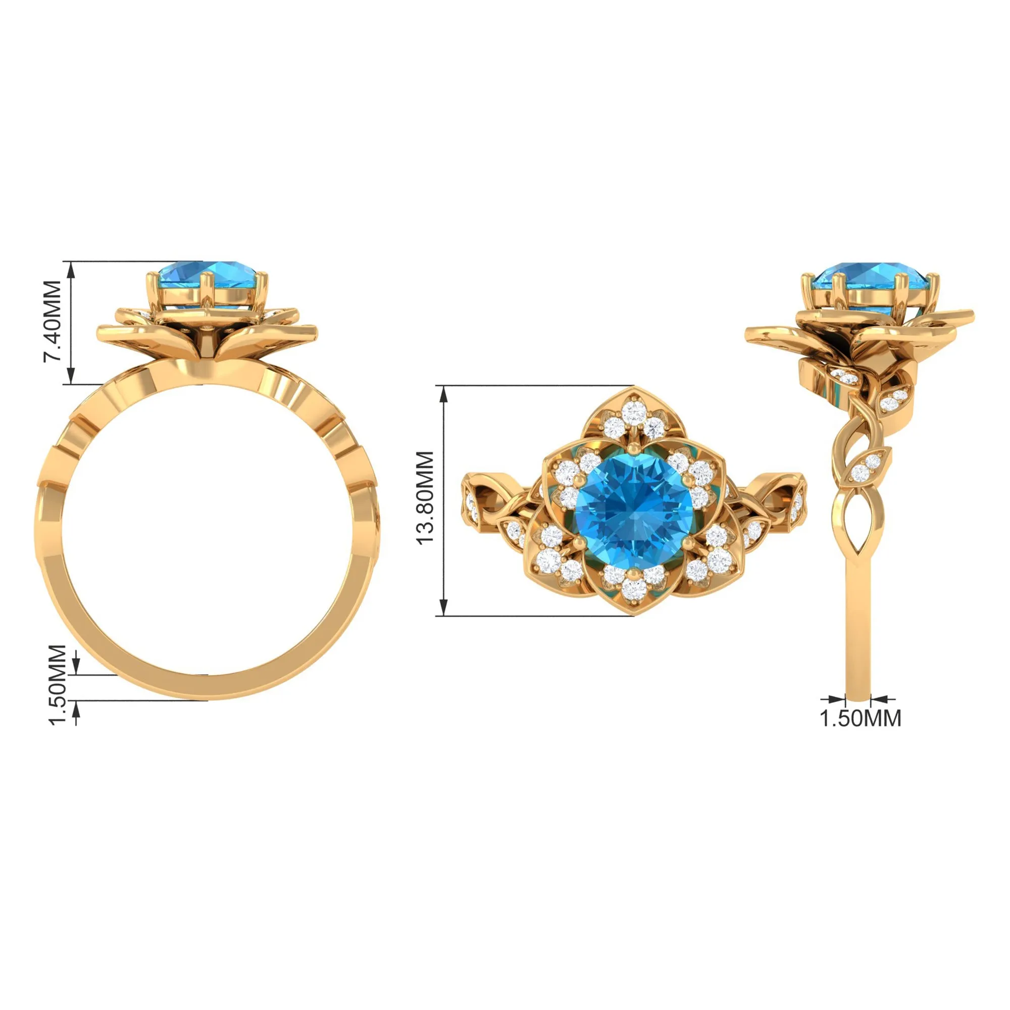 2 CT Swiss Blue Topaz Floral Engagement Ring with Diamond Accent