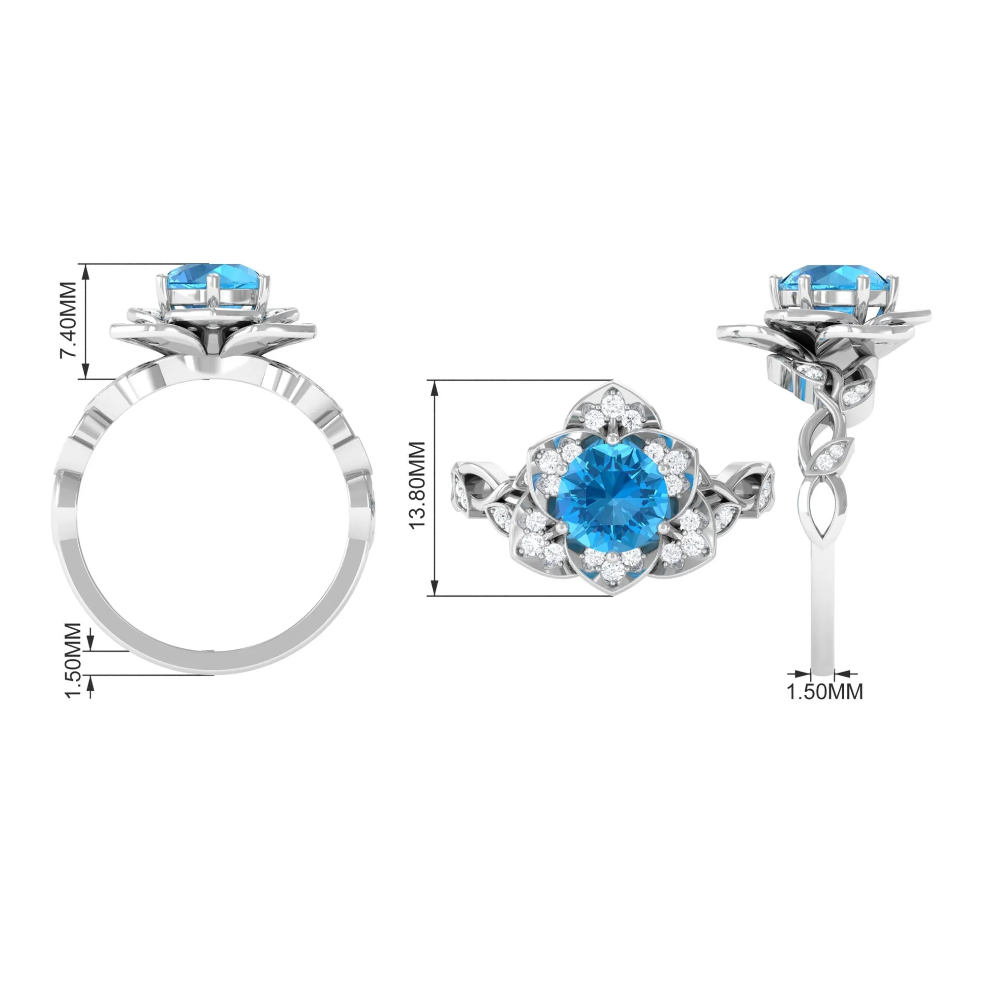 2 CT Swiss Blue Topaz Floral Engagement Ring with Diamond Accent