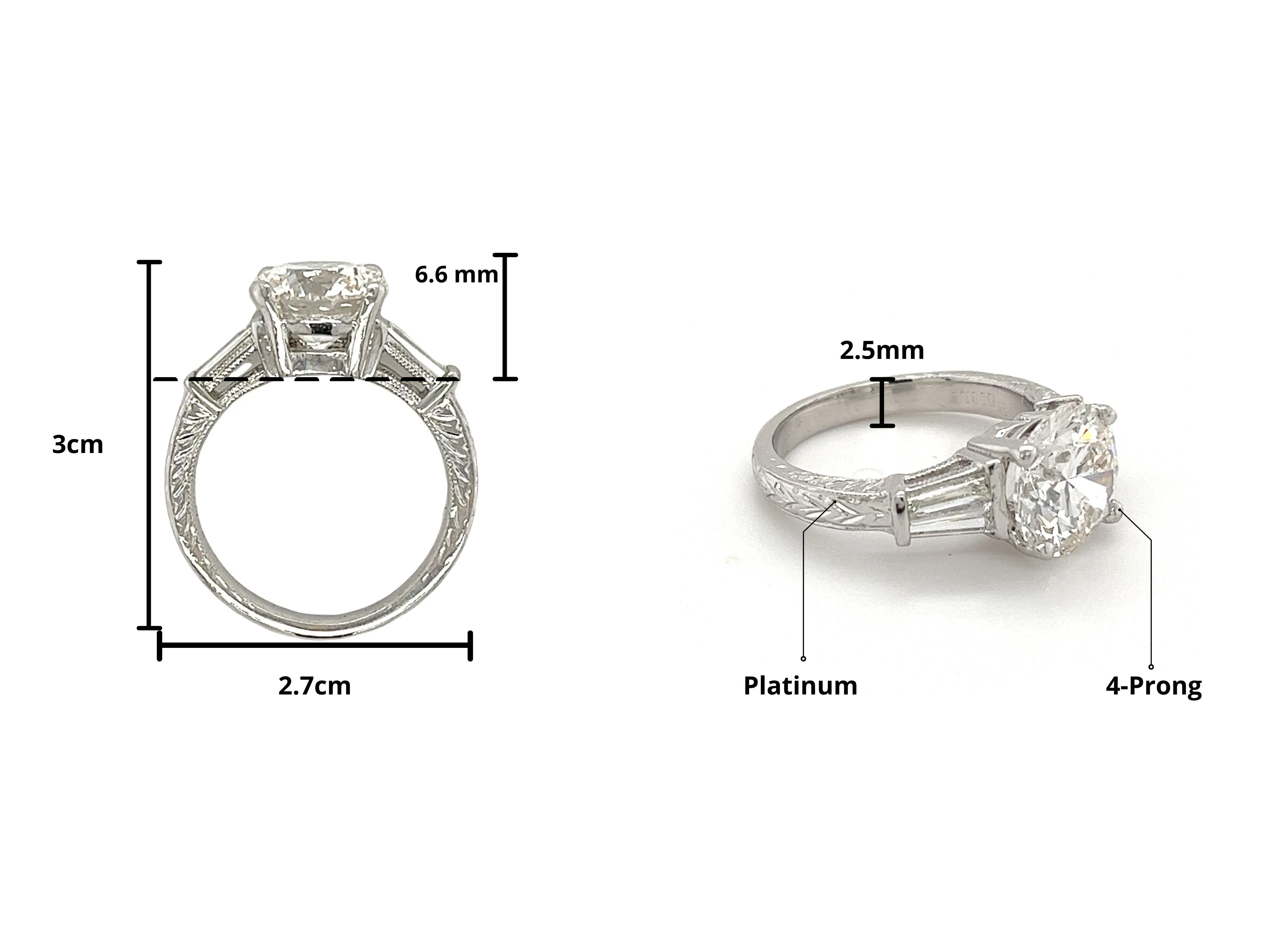 3 Carat Round Lab Grown Diamond With Baguette Diamond Side Stones in Vintage Platinum Ring