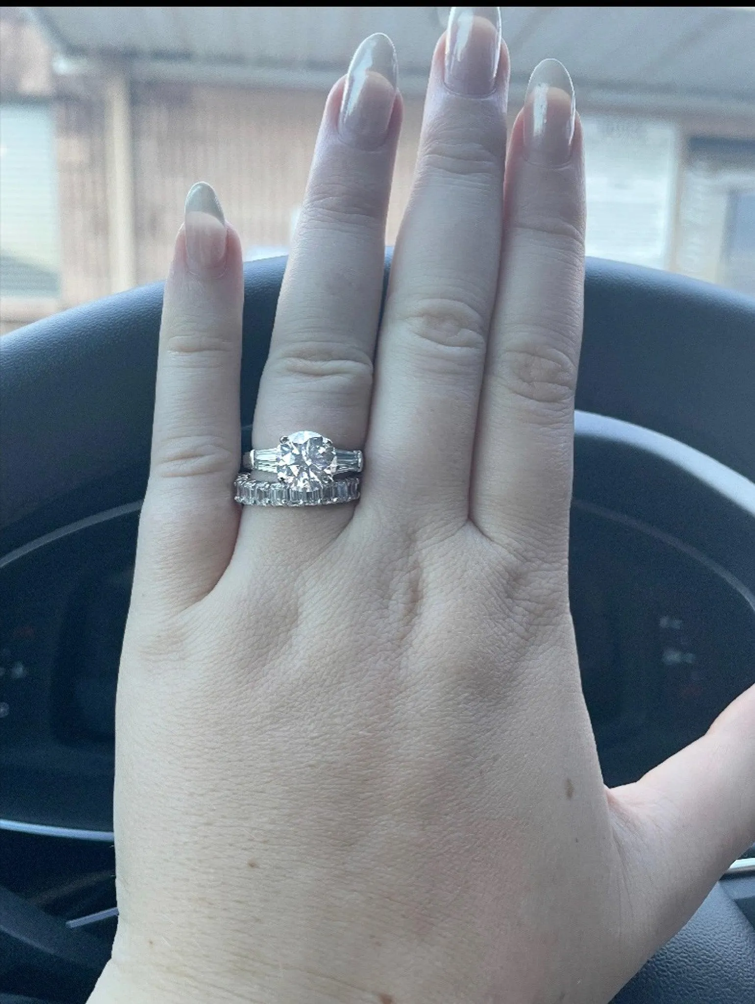 3 Carat Round Lab Grown Diamond With Baguette Diamond Side Stones in Vintage Platinum Ring
