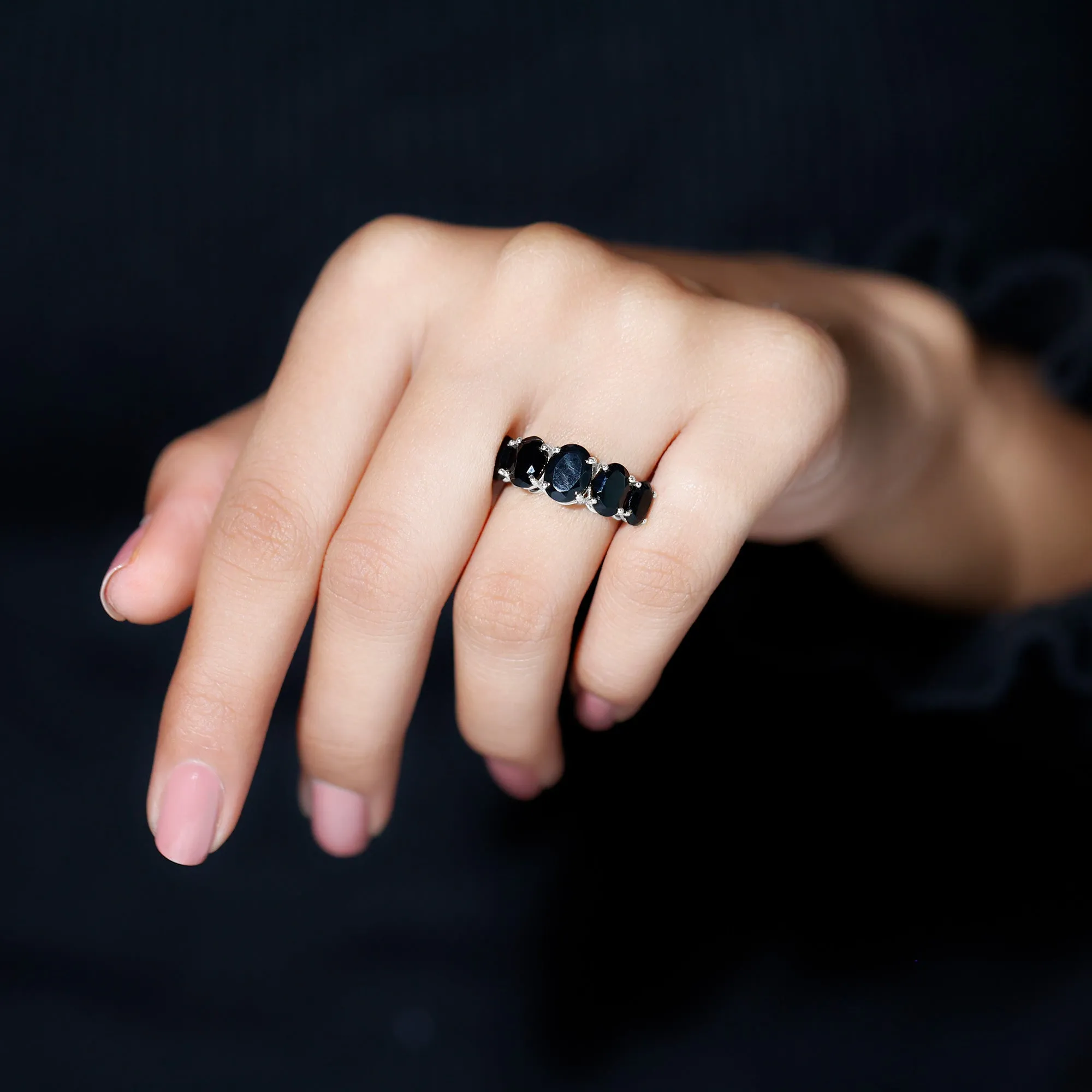 3.25 Carat Oval Black Onyx 5 Stone Engagement Ring