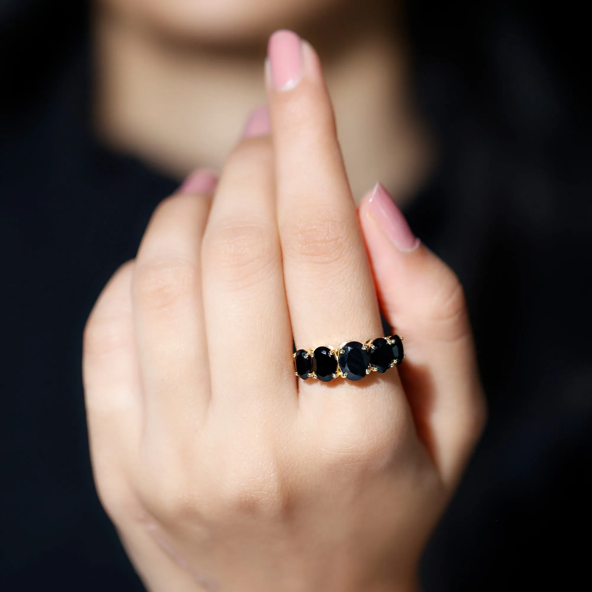 3.25 Carat Oval Black Onyx 5 Stone Engagement Ring