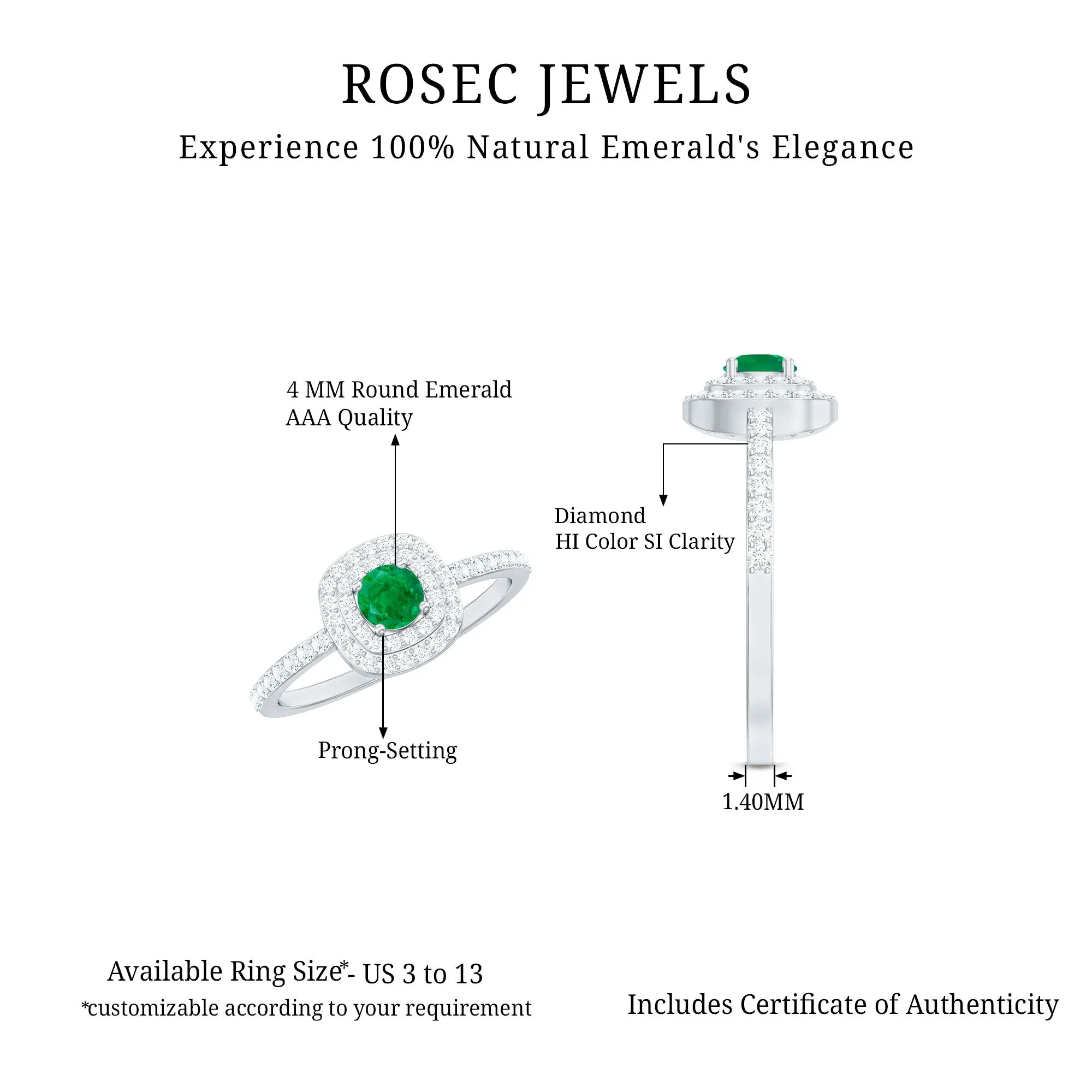 3/4 CT Emerald Engagement Ring with Diamond Double Halo