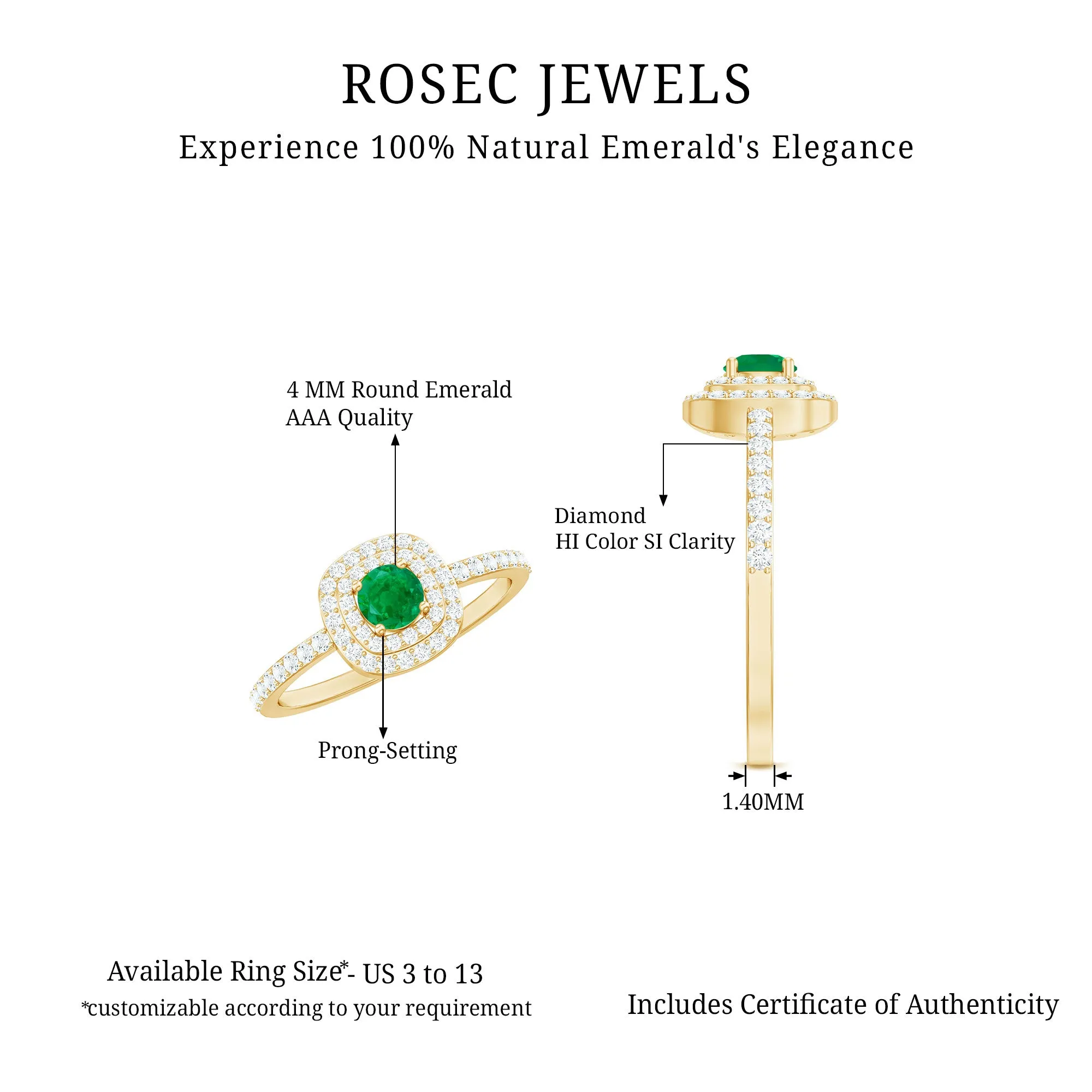 3/4 CT Emerald Engagement Ring with Diamond Double Halo