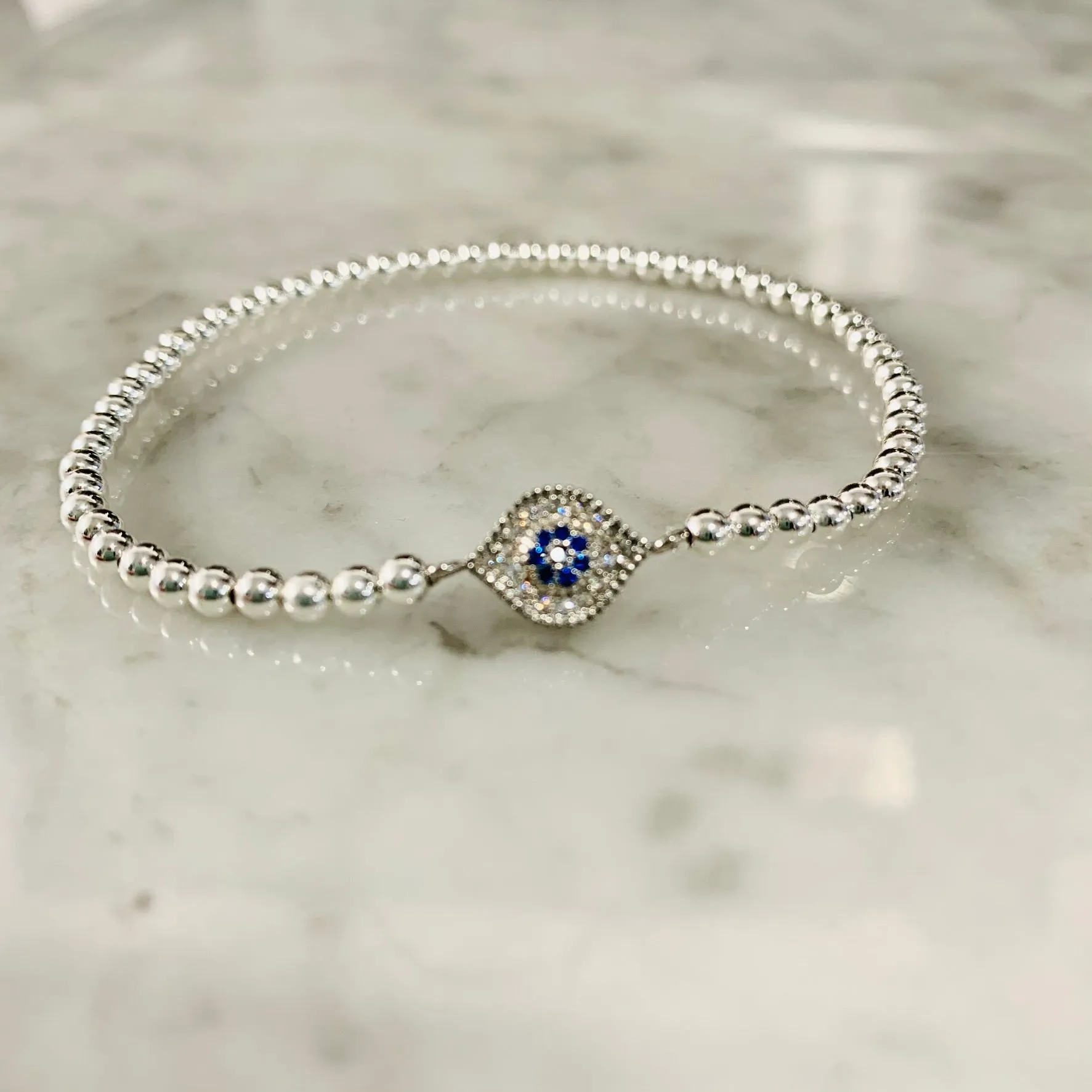 4mm Beaded Bracelet w/ New Matching CZ Evil Eye Connector