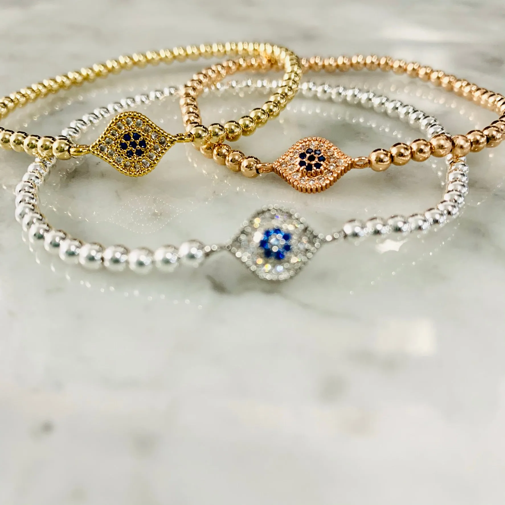 4mm Beaded Bracelet w/ New Matching CZ Evil Eye Connector