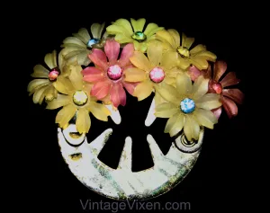 50s Rhinestone Flowers Ponytail Holder - 1950s Hair Clip Accessory - Spring Pastel Rainbow Flexible Plastic Daisy - Colorful Round Barrette