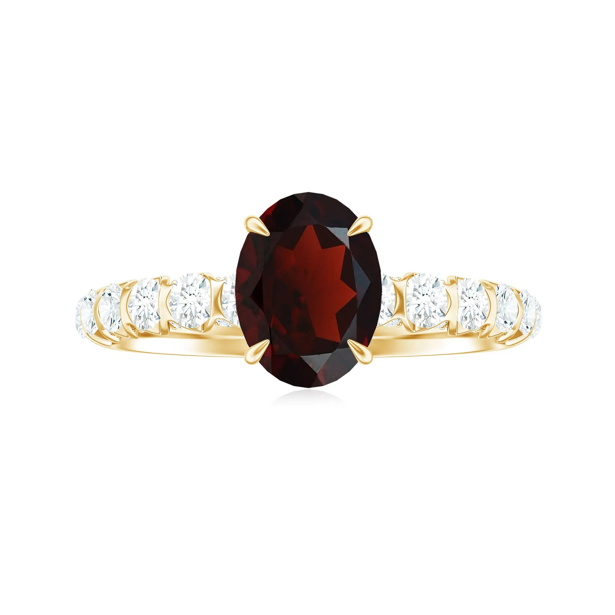 8X6 MM Oval Cut Garnet Solitaire with Diamond Side Stones Ring