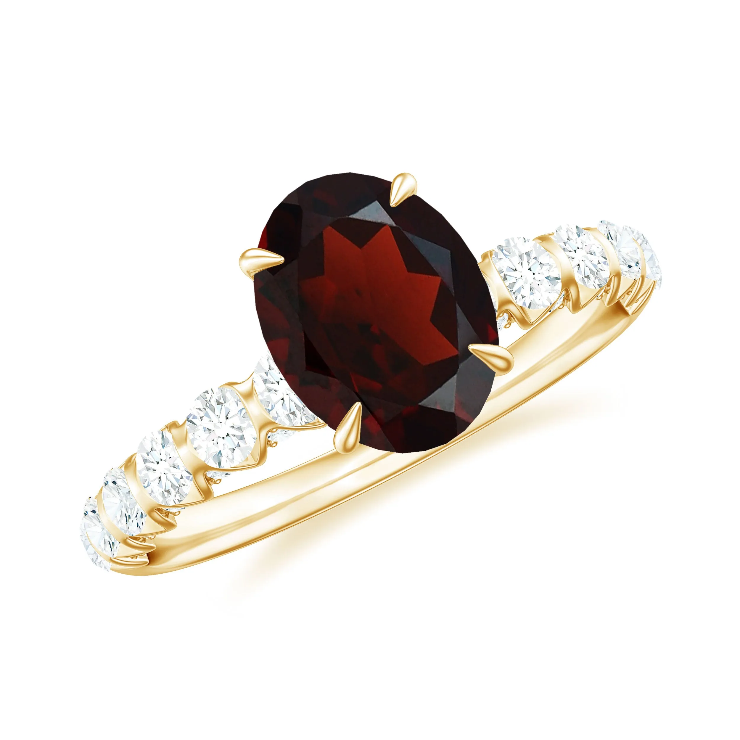 8X6 MM Oval Cut Garnet Solitaire with Diamond Side Stones Ring