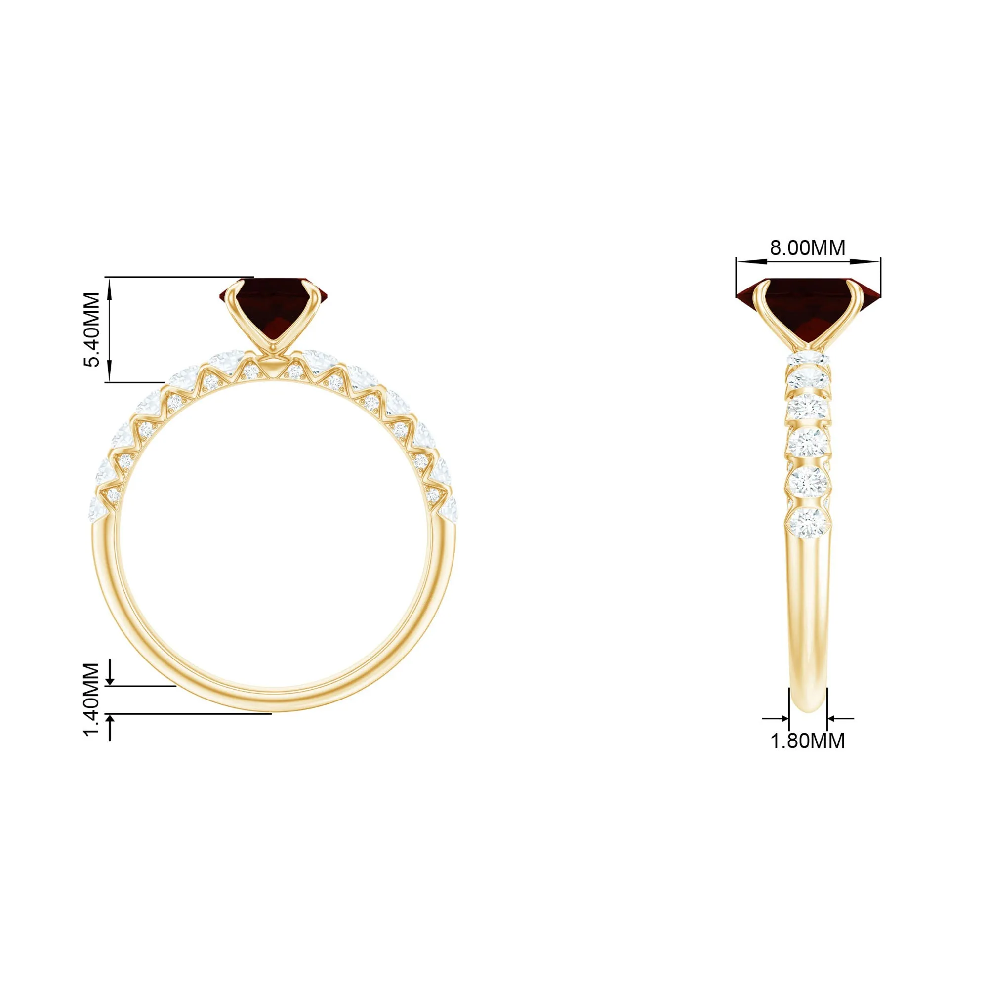 8X6 MM Oval Cut Garnet Solitaire with Diamond Side Stones Ring