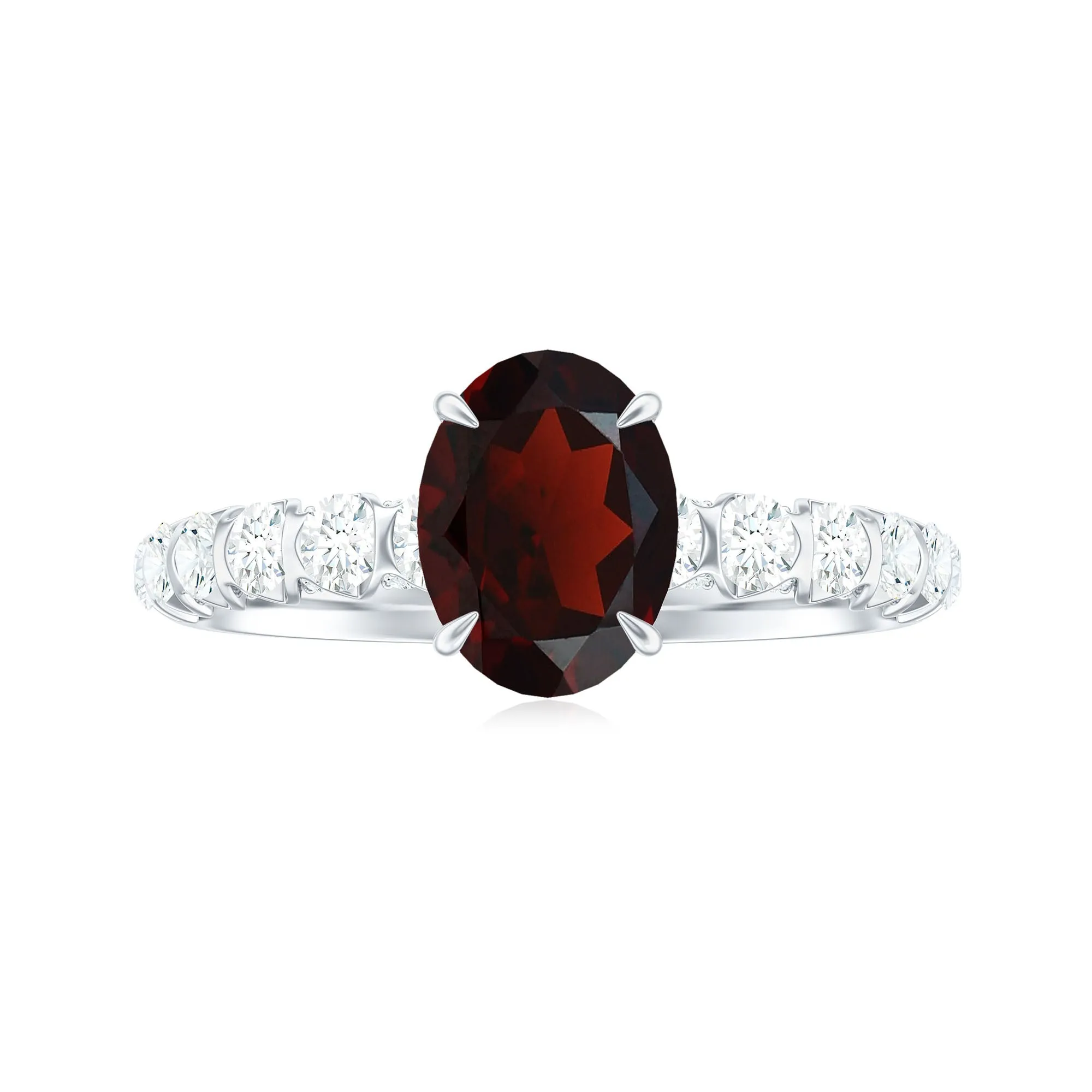 8X6 MM Oval Cut Garnet Solitaire with Diamond Side Stones Ring