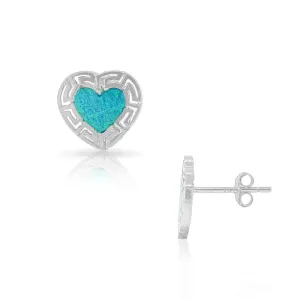 925 Sterling Silver Blue Turquoise-Tone Simulated Opal Love Heart Greek Key Stud Earrings